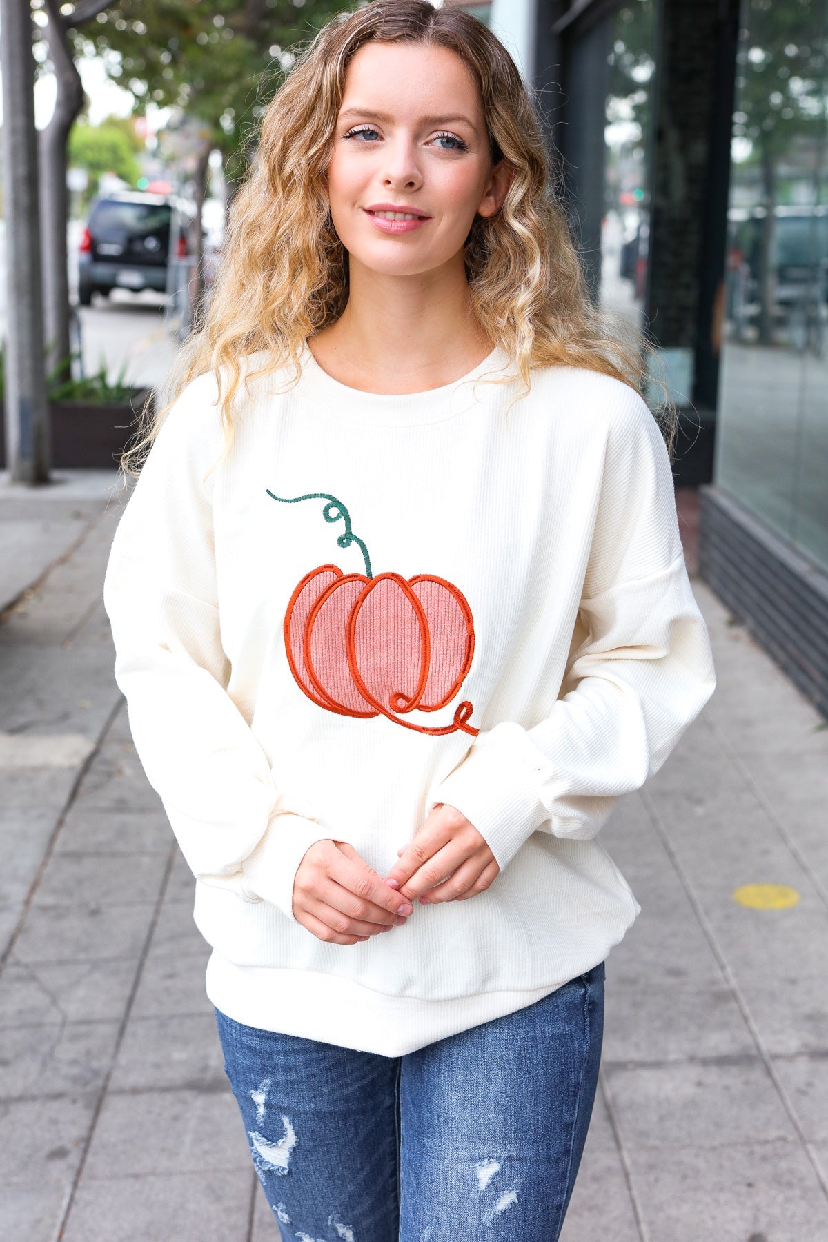 Haptics Ivory Embroidered Pumpkin Knit Sweater