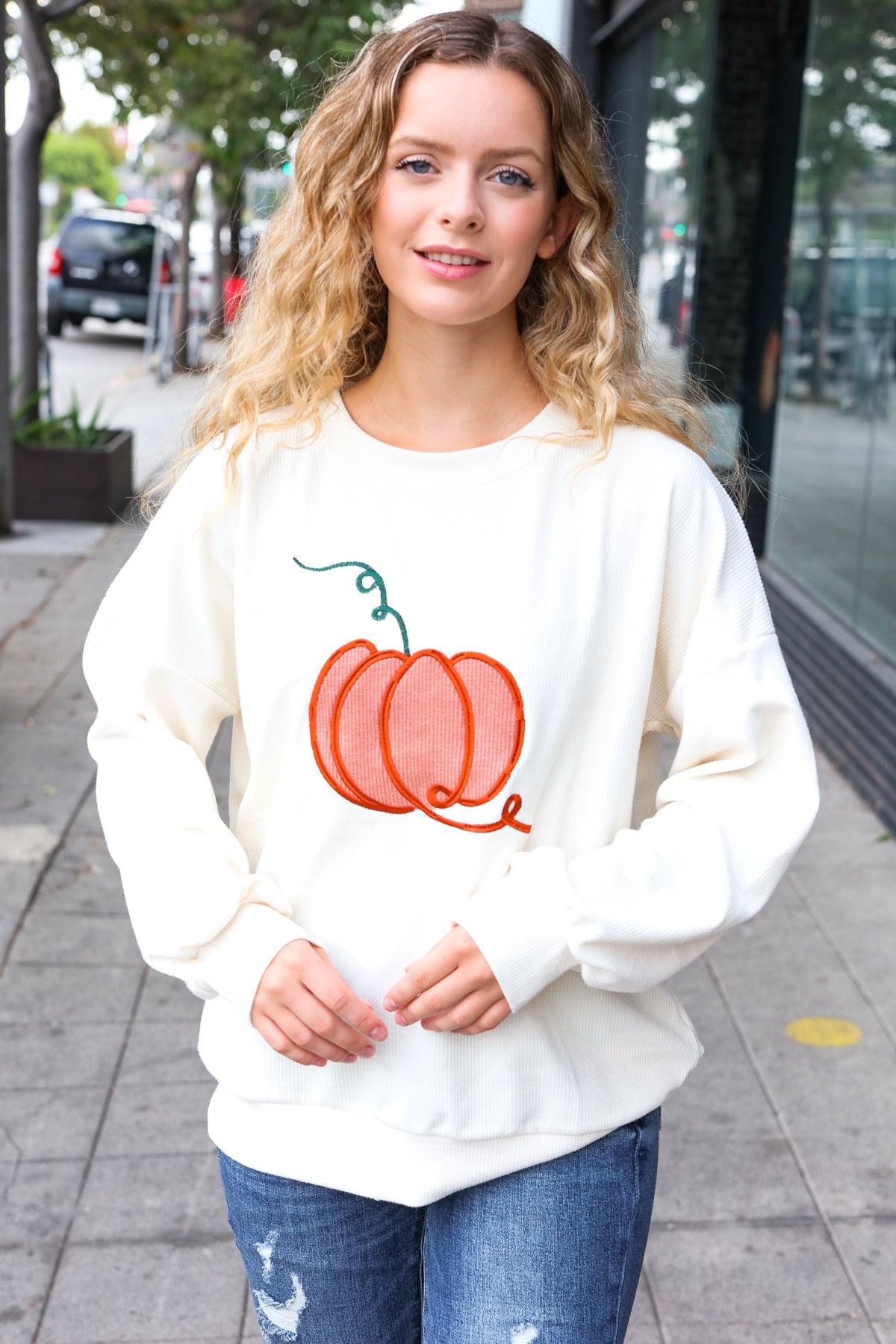 Haptics Ivory Embroidered Pumpkin Knit Sweater