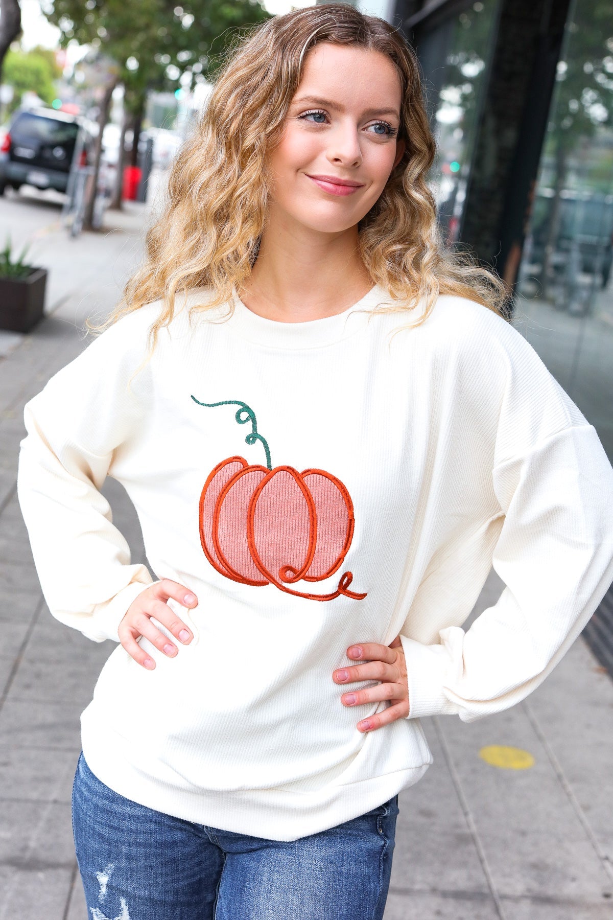 Haptics Ivory Embroidered Pumpkin Knit Sweater