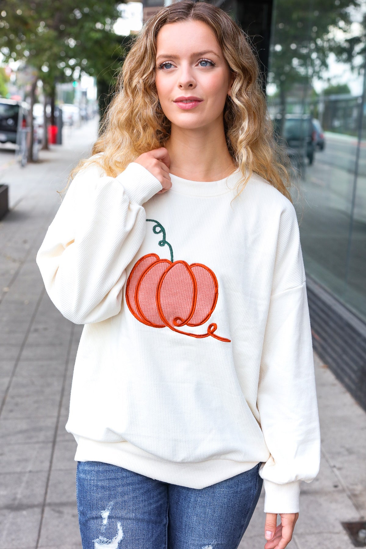 Haptics Ivory Embroidered Pumpkin Knit Sweater