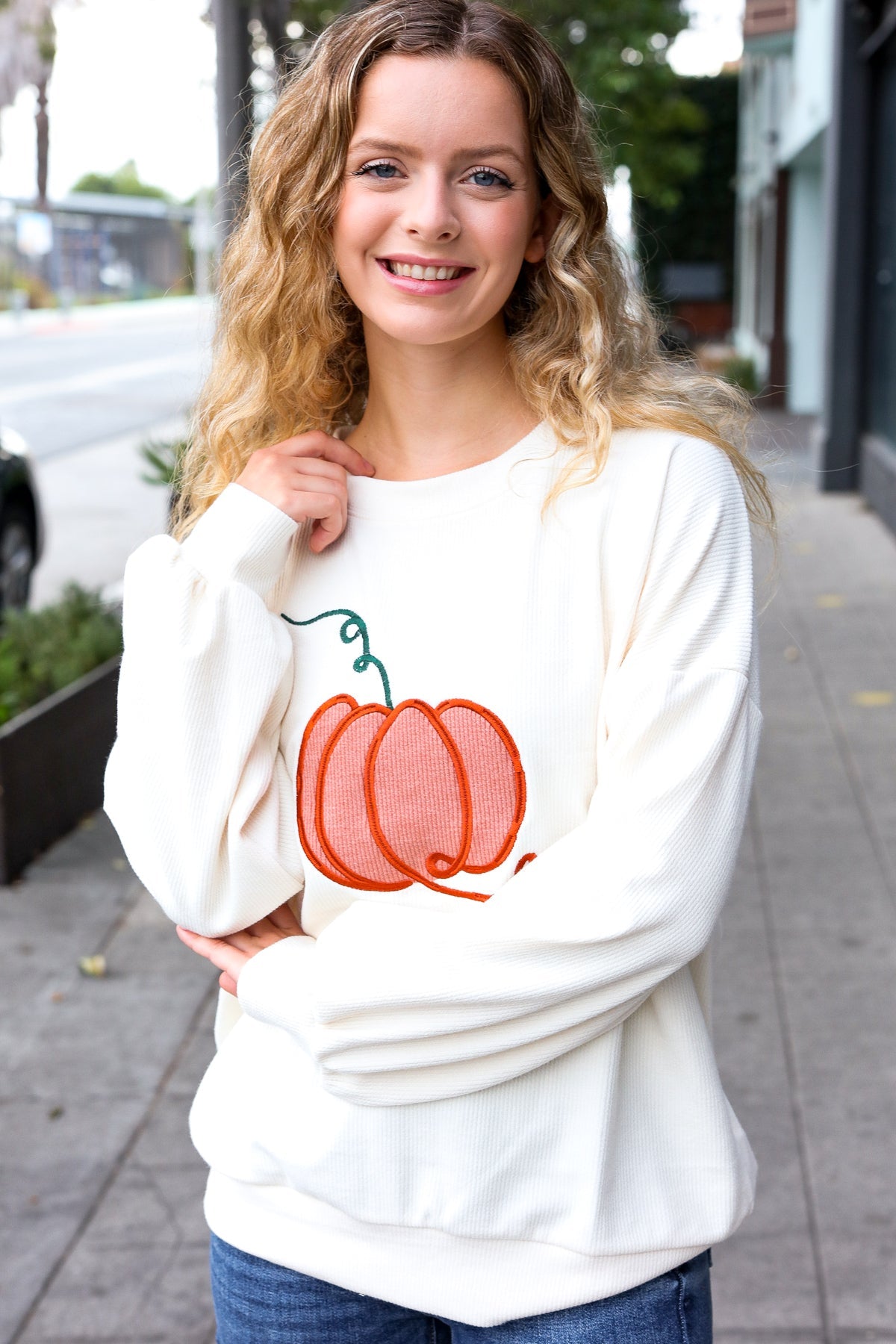 Haptics Ivory Embroidered Pumpkin Knit Sweater