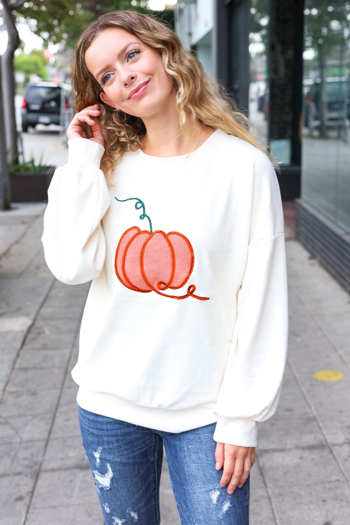 Haptics Ivory Embroidered Pumpkin Knit Sweater