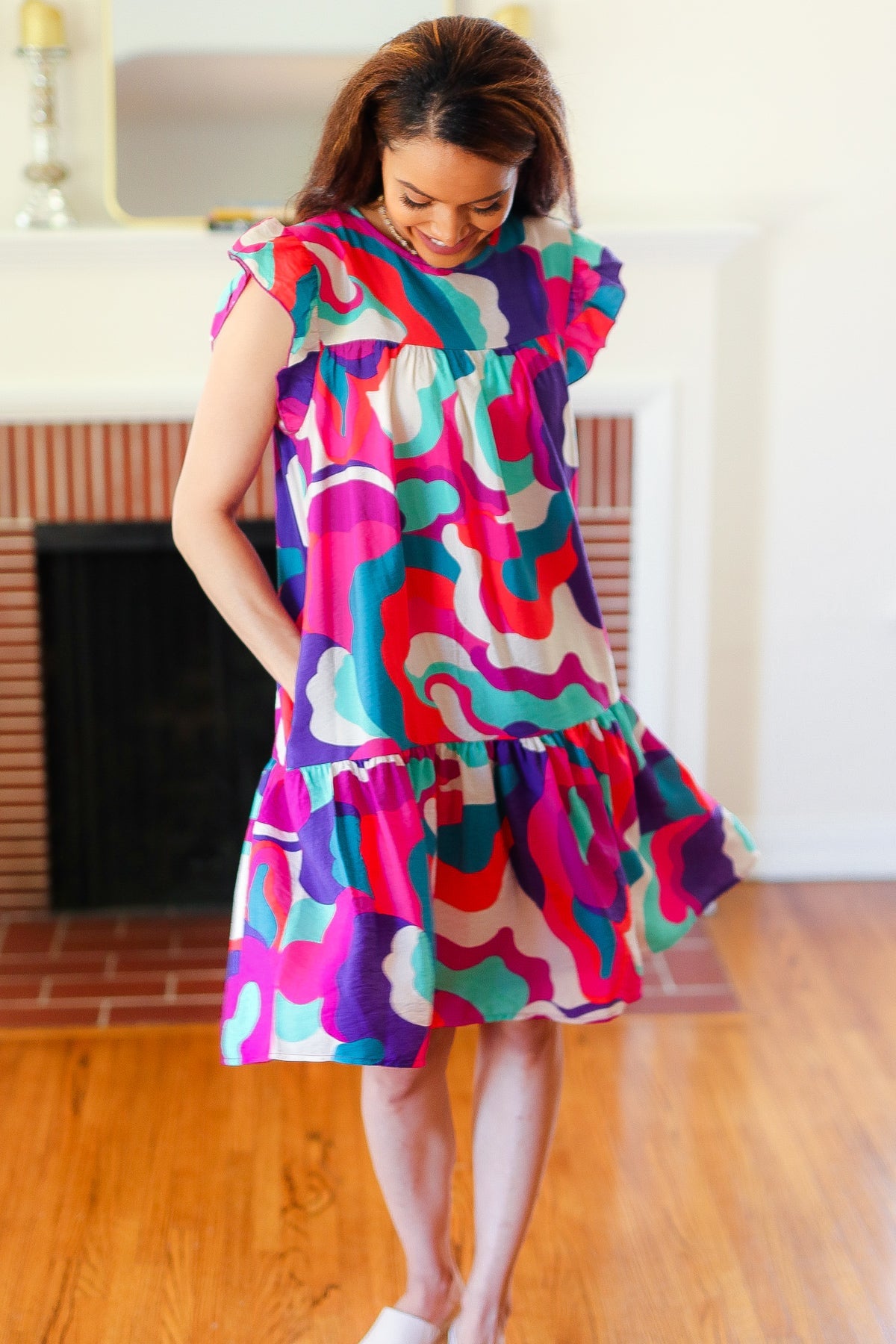 Haptics Fuchsia Geo Print Tiered Ruffle Sleeve Woven Dress