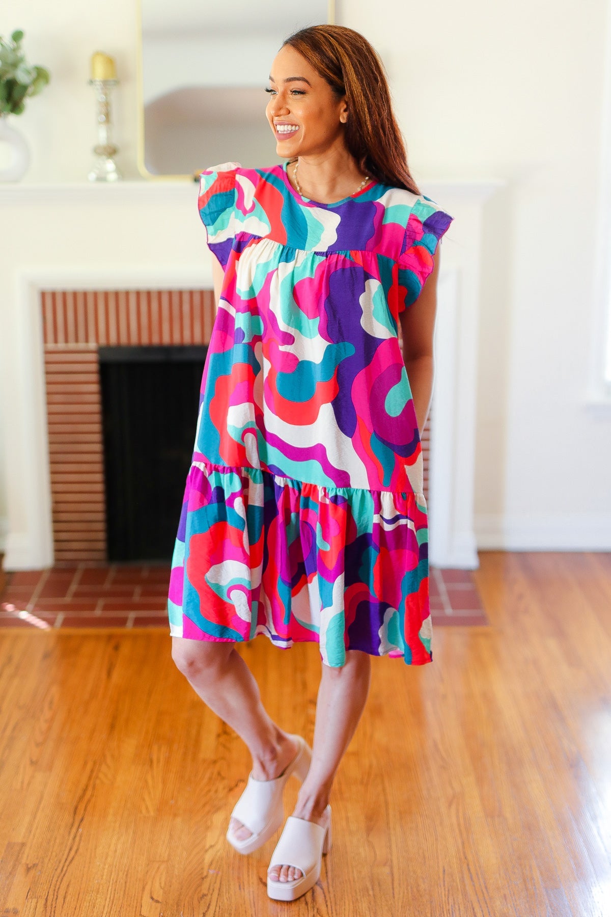 Haptics Fuchsia Geo Print Tiered Ruffle Sleeve Woven Dress