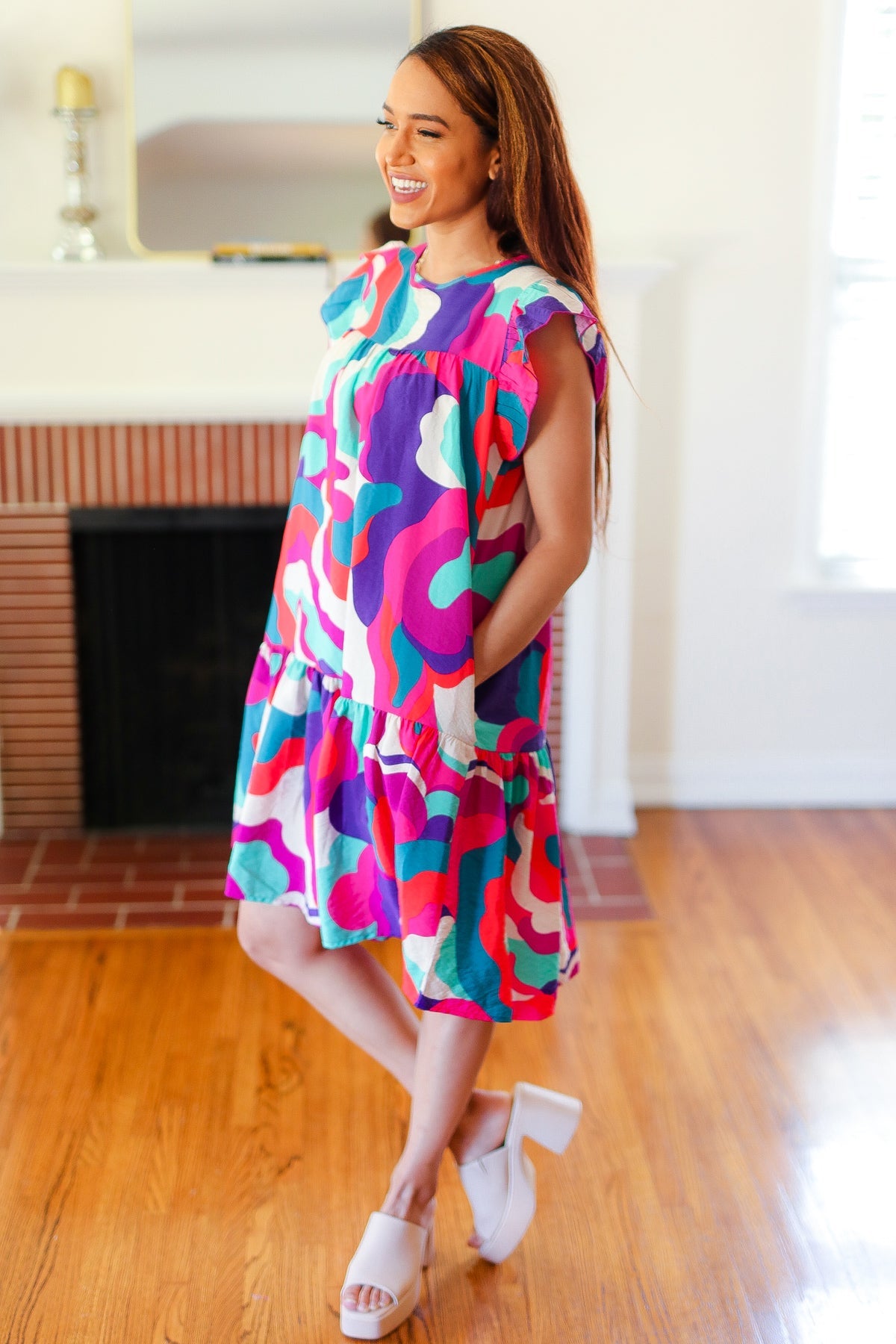 Haptics Fuchsia Geo Print Tiered Ruffle Sleeve Woven Dress