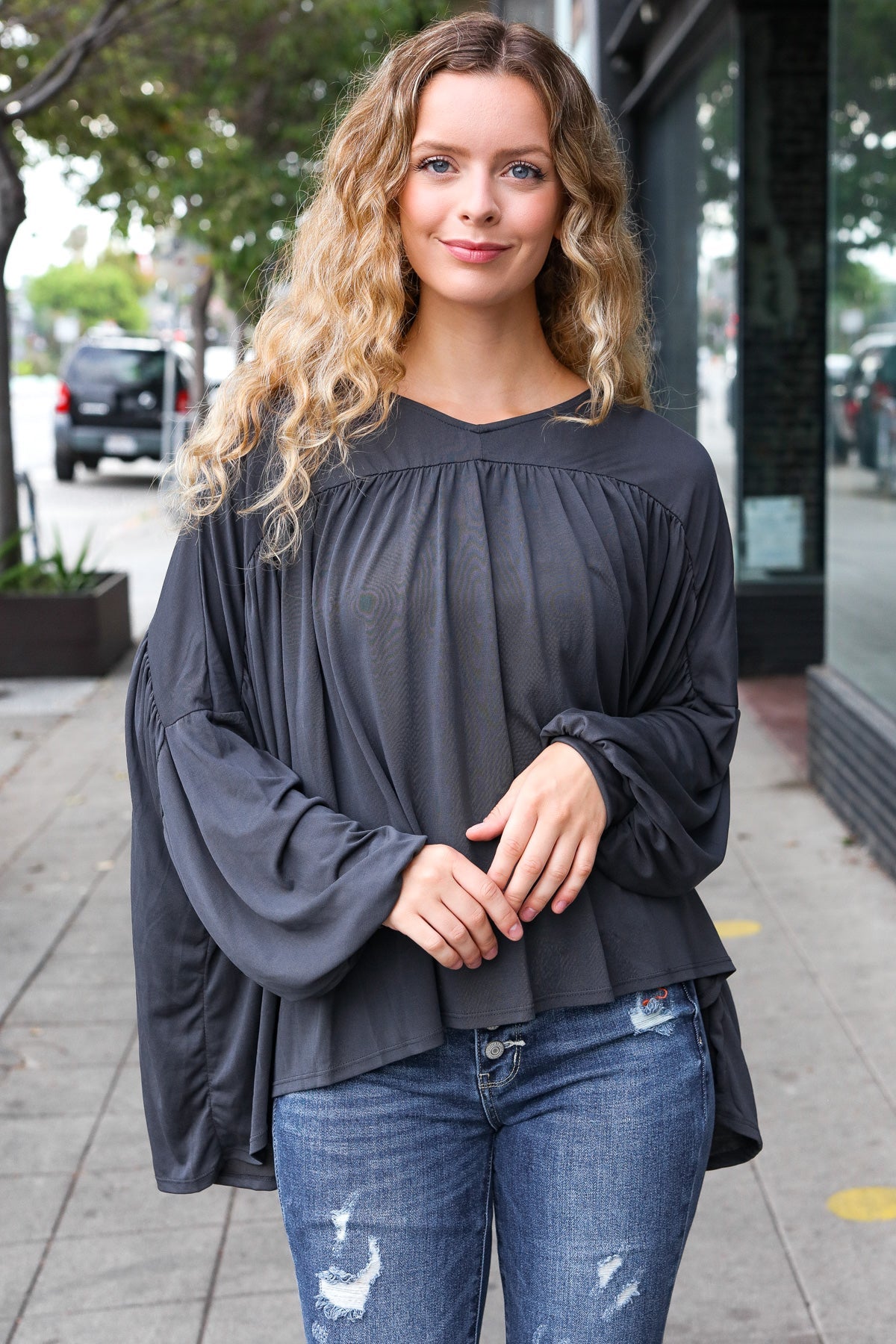 Haptics Charcoal V Neck Yoke Modal Knit Top