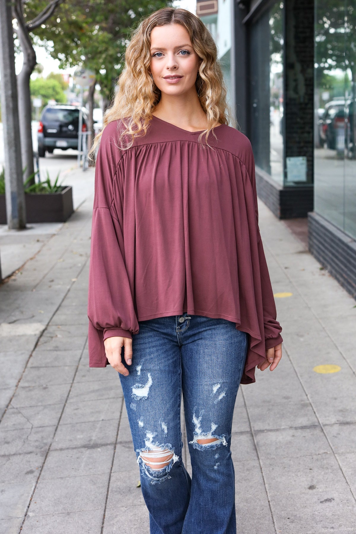 Haptics Wine V Neck Yoke Modal Knit Oversized Top