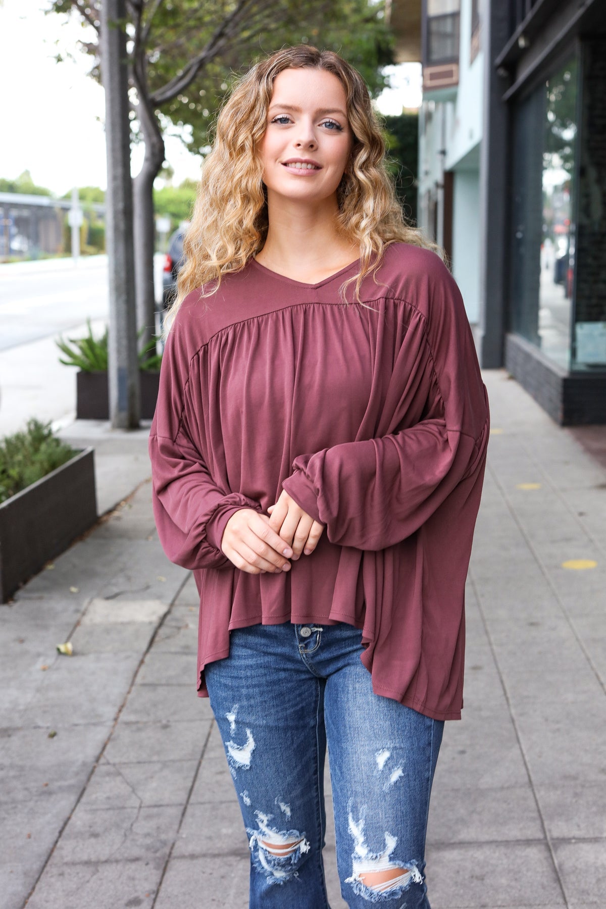 Haptics Wine V Neck Yoke Modal Knit Oversized Top