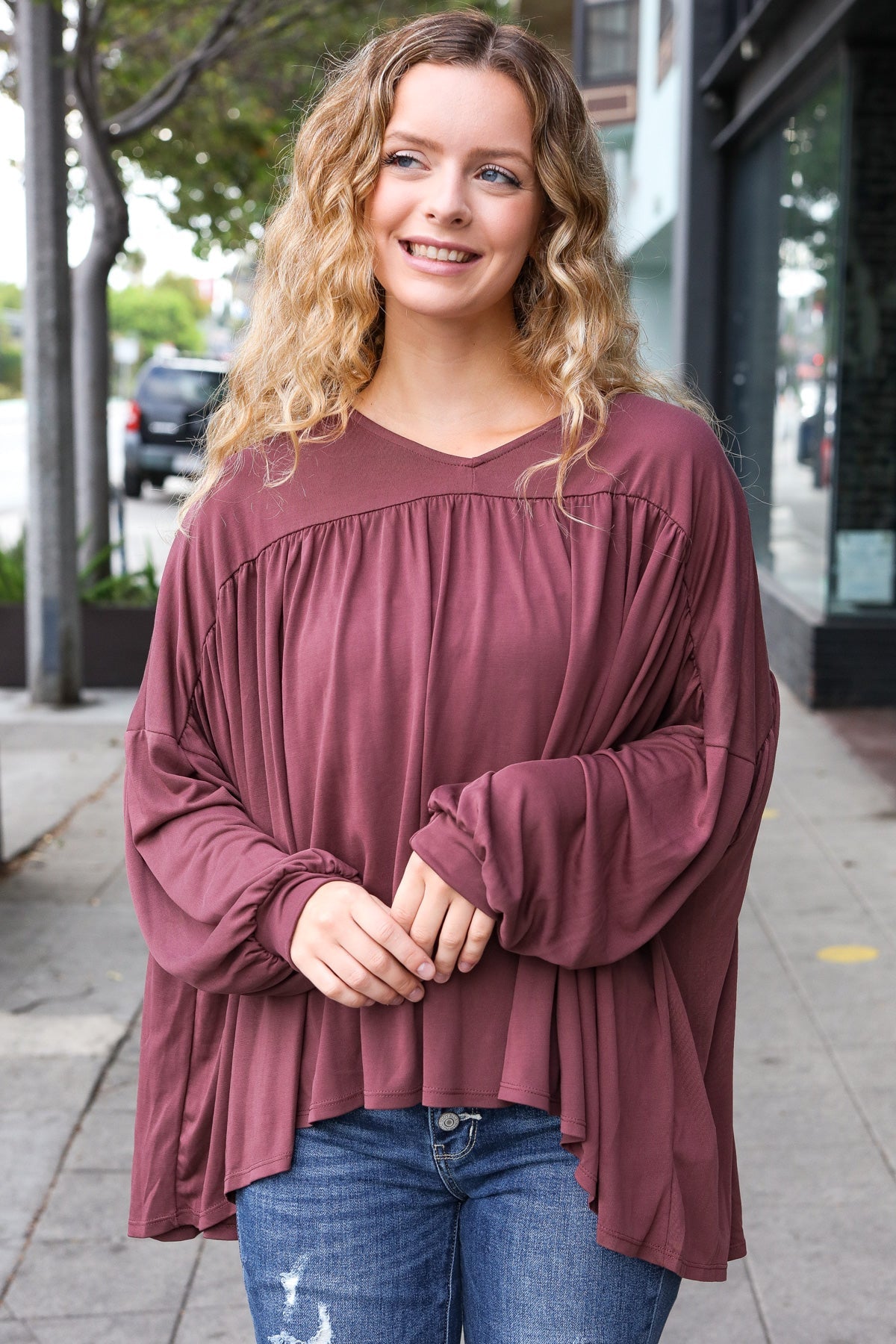 Haptics Wine V Neck Yoke Modal Knit Oversized Top