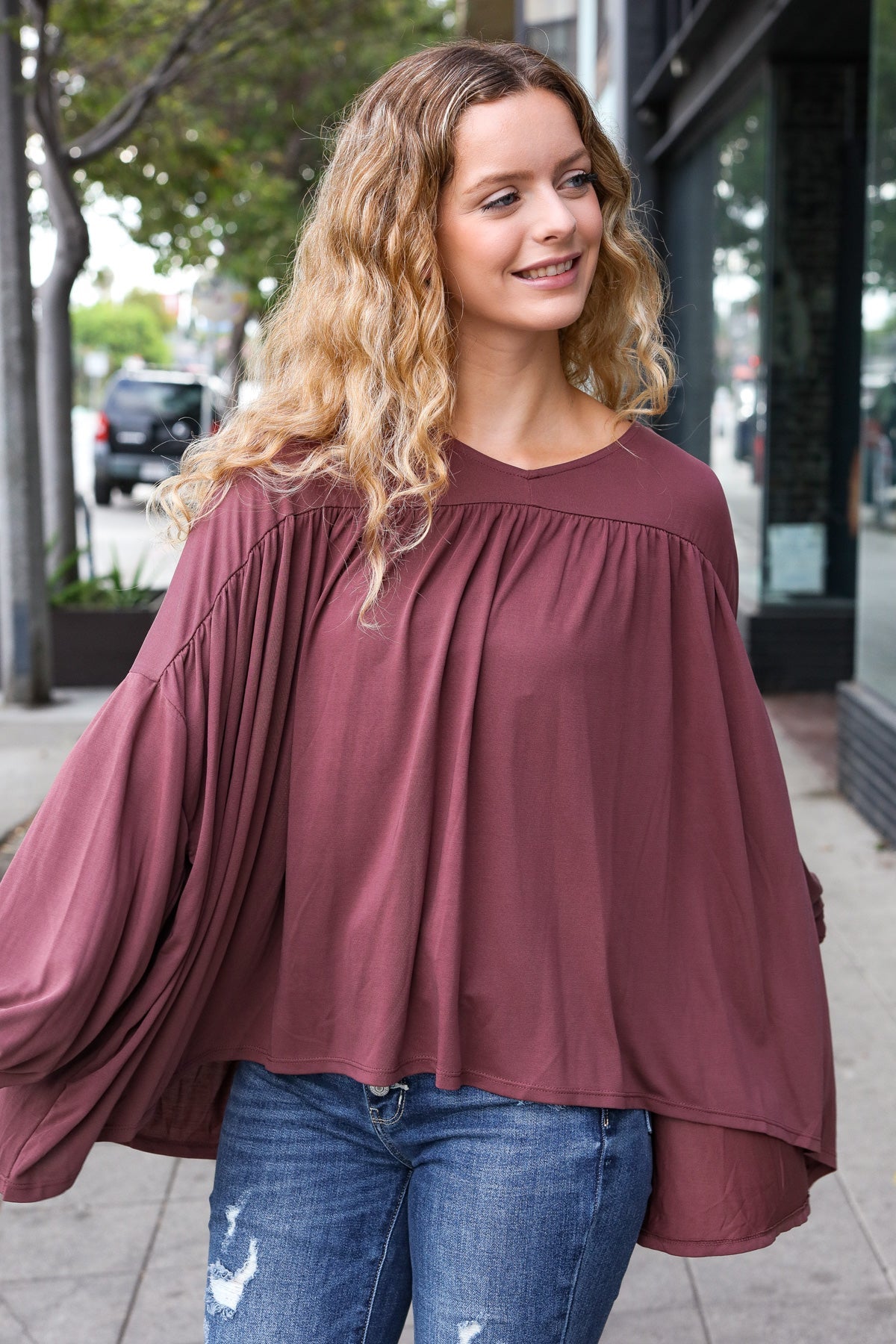 Haptics Wine V Neck Yoke Modal Knit Oversized Top