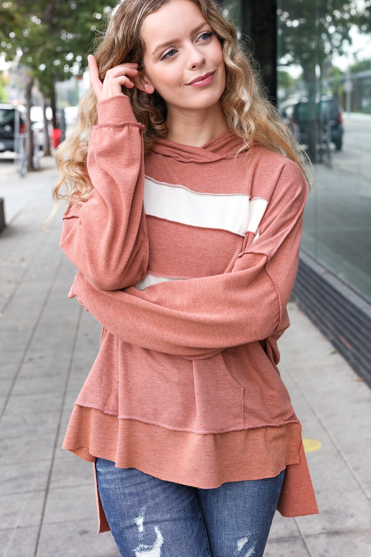 Haptics Rust Stripe Color Block French Terry Hoodie