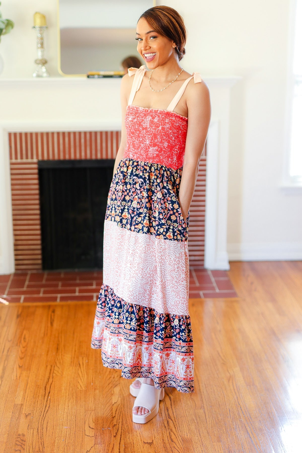 Haptics Orange Floral Smocked Tube Top Tiered Maxi Dress