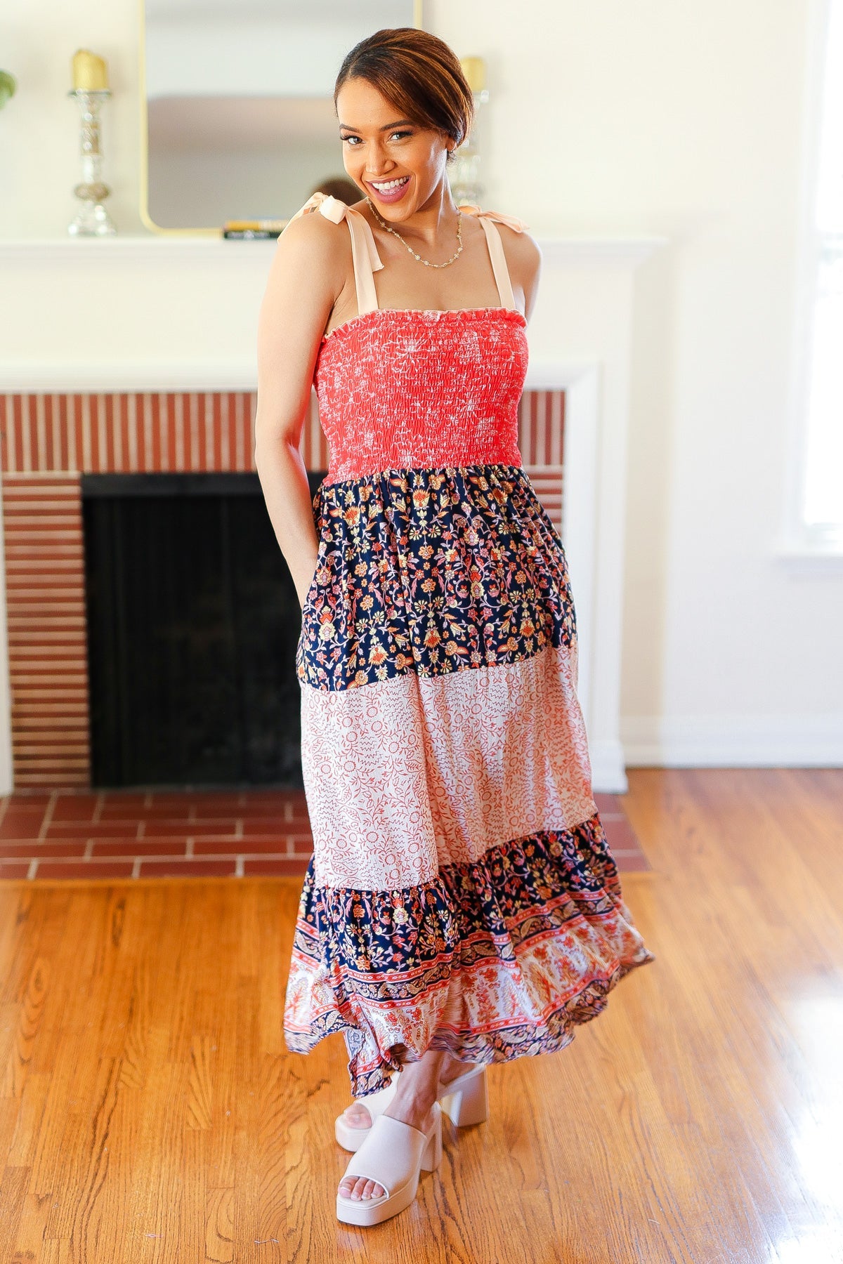 Haptics Orange Floral Smocked Tube Top Tiered Maxi Dress