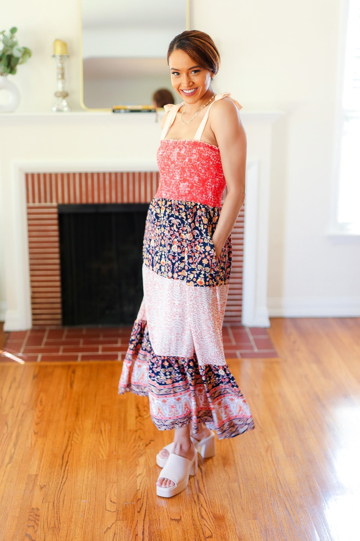 Haptics Orange Floral Smocked Tube Top Tiered Maxi Dress