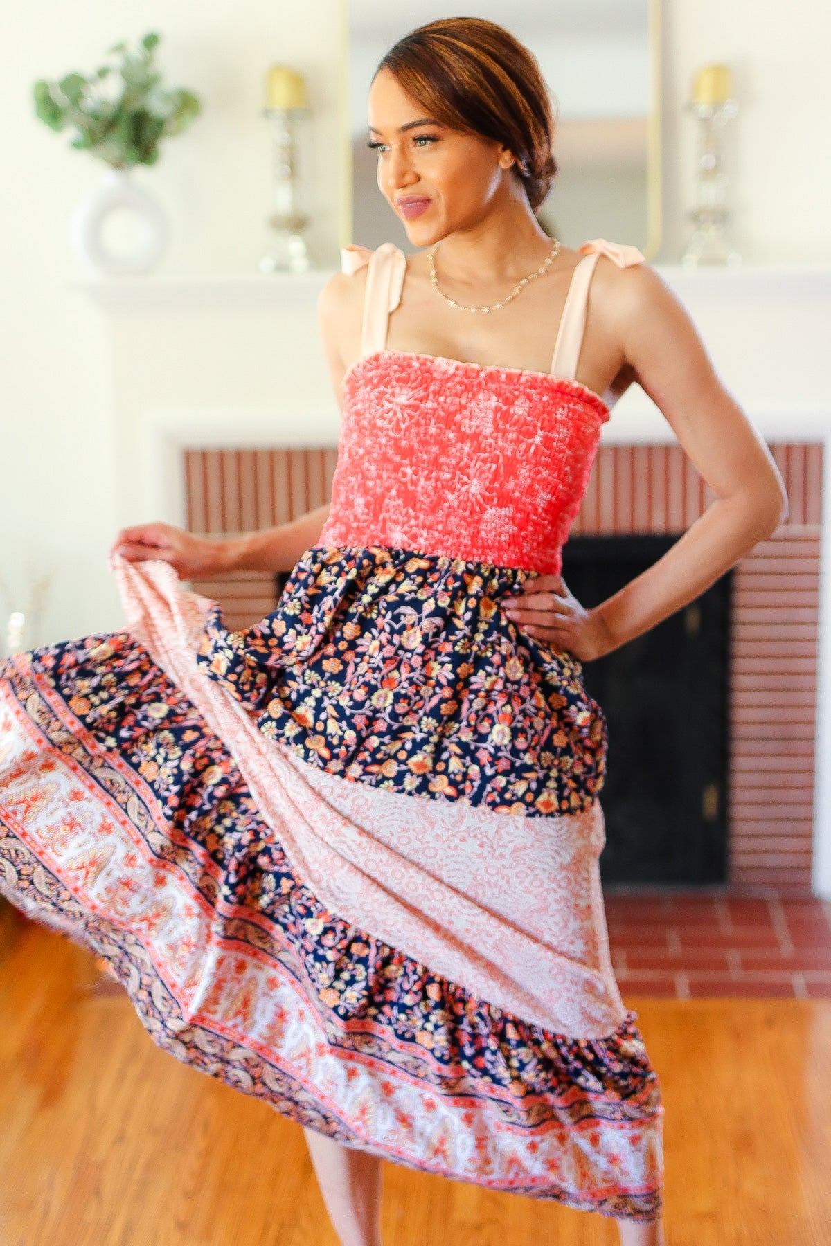 Haptics Orange Floral Smocked Tube Top Tiered Maxi Dress