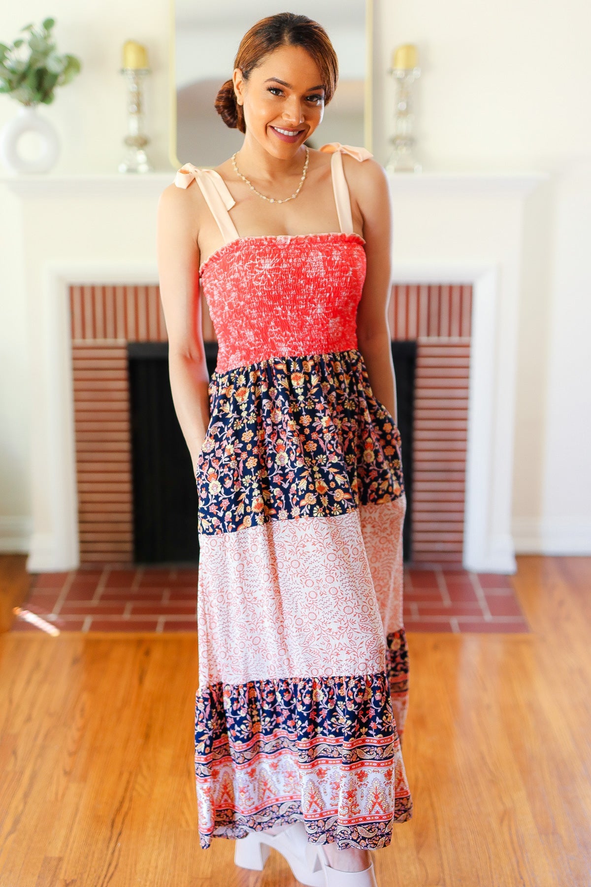 Haptics Orange Floral Smocked Tube Top Tiered Maxi Dress