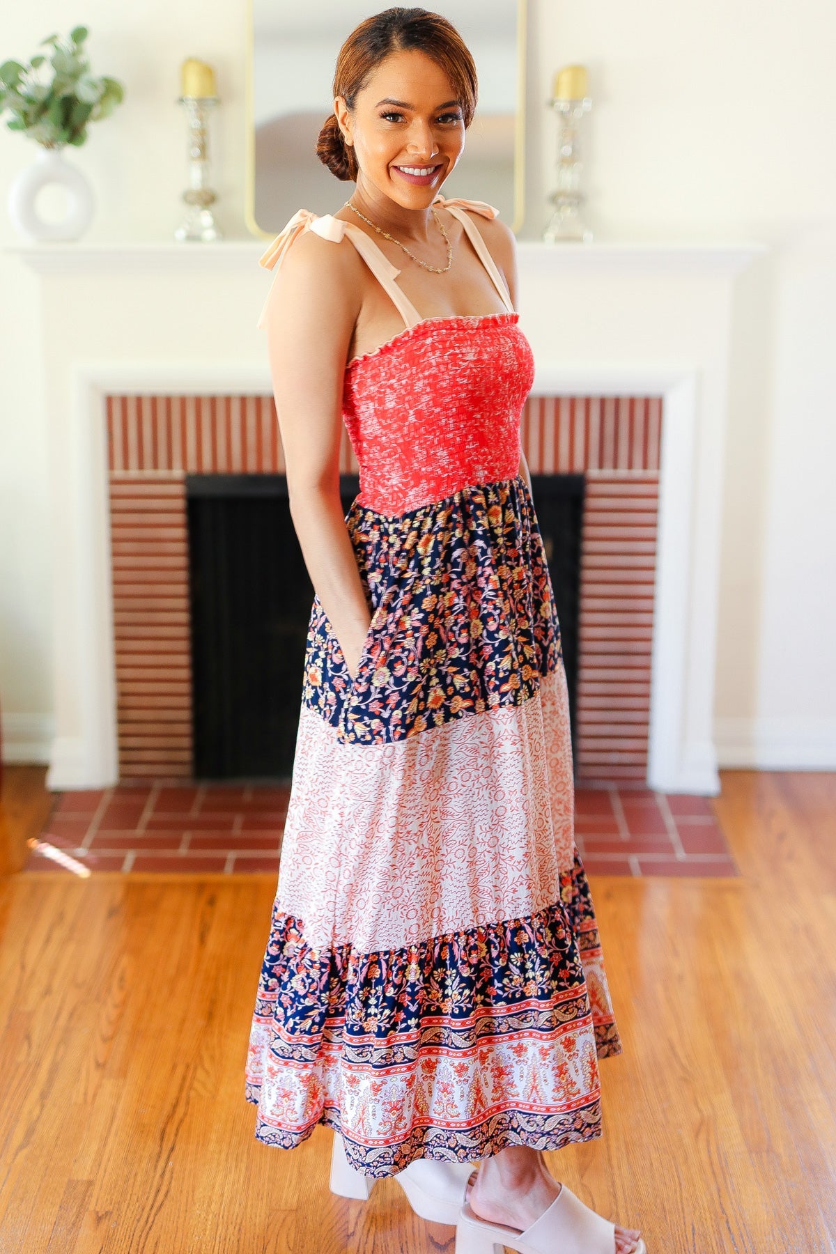 Haptics Orange Floral Smocked Tube Top Tiered Maxi Dress