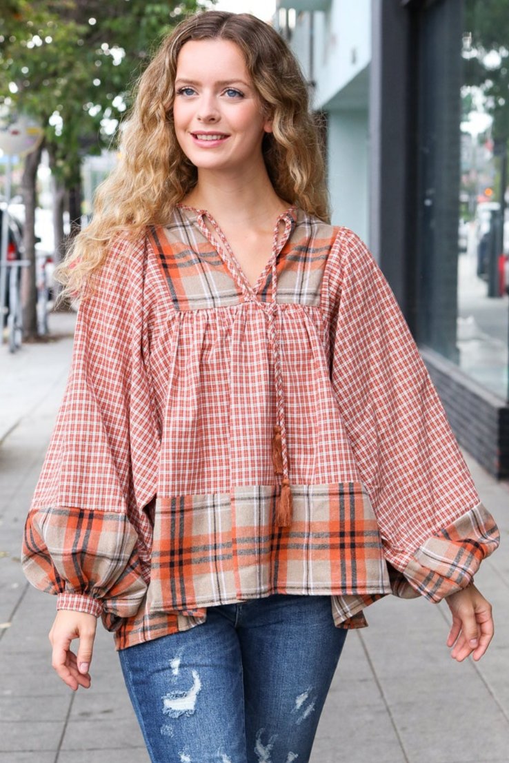 Haptics Rust Plaid Color Block Notch Neck Top