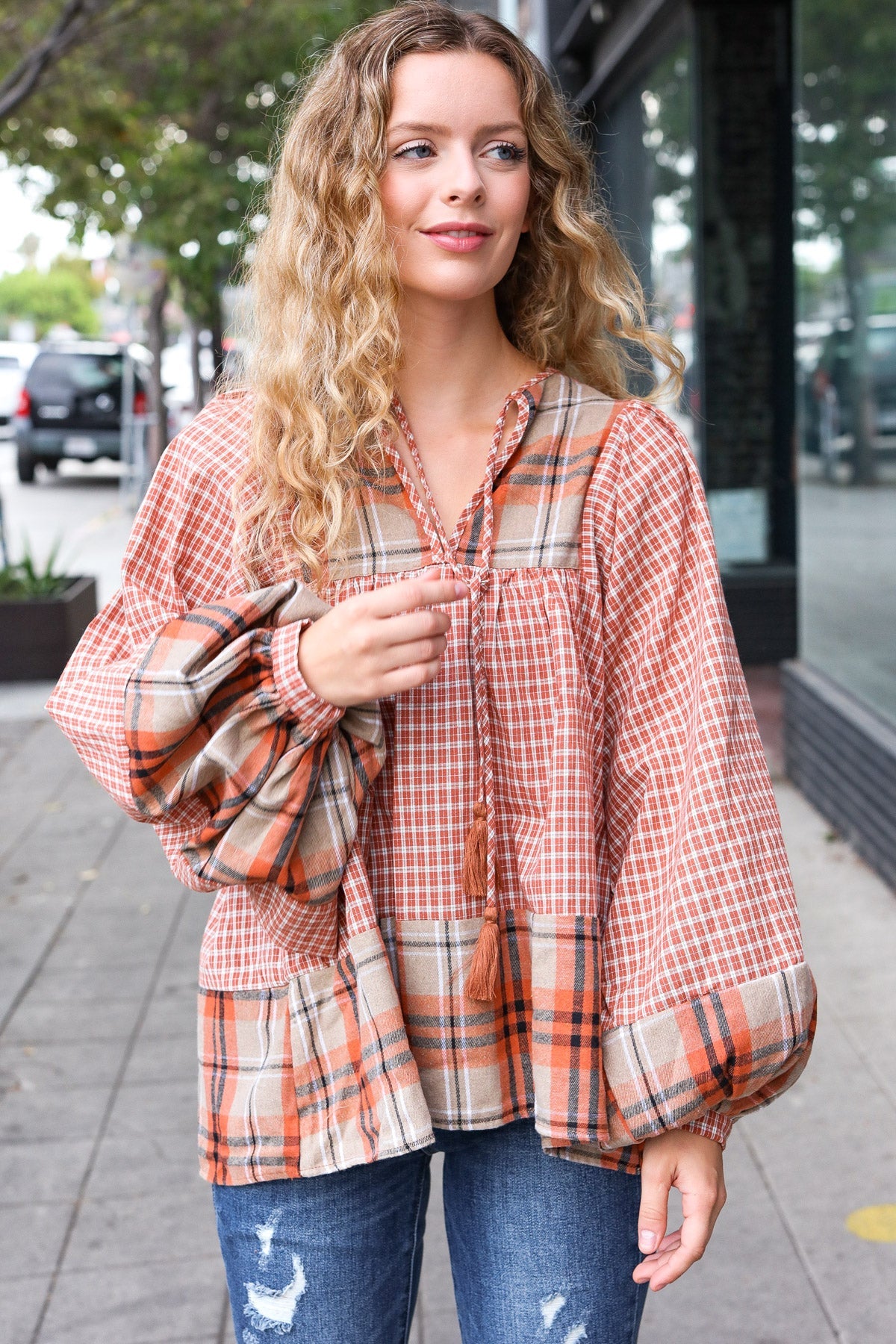 Haptics Rust Plaid Color Block Notch Neck Top