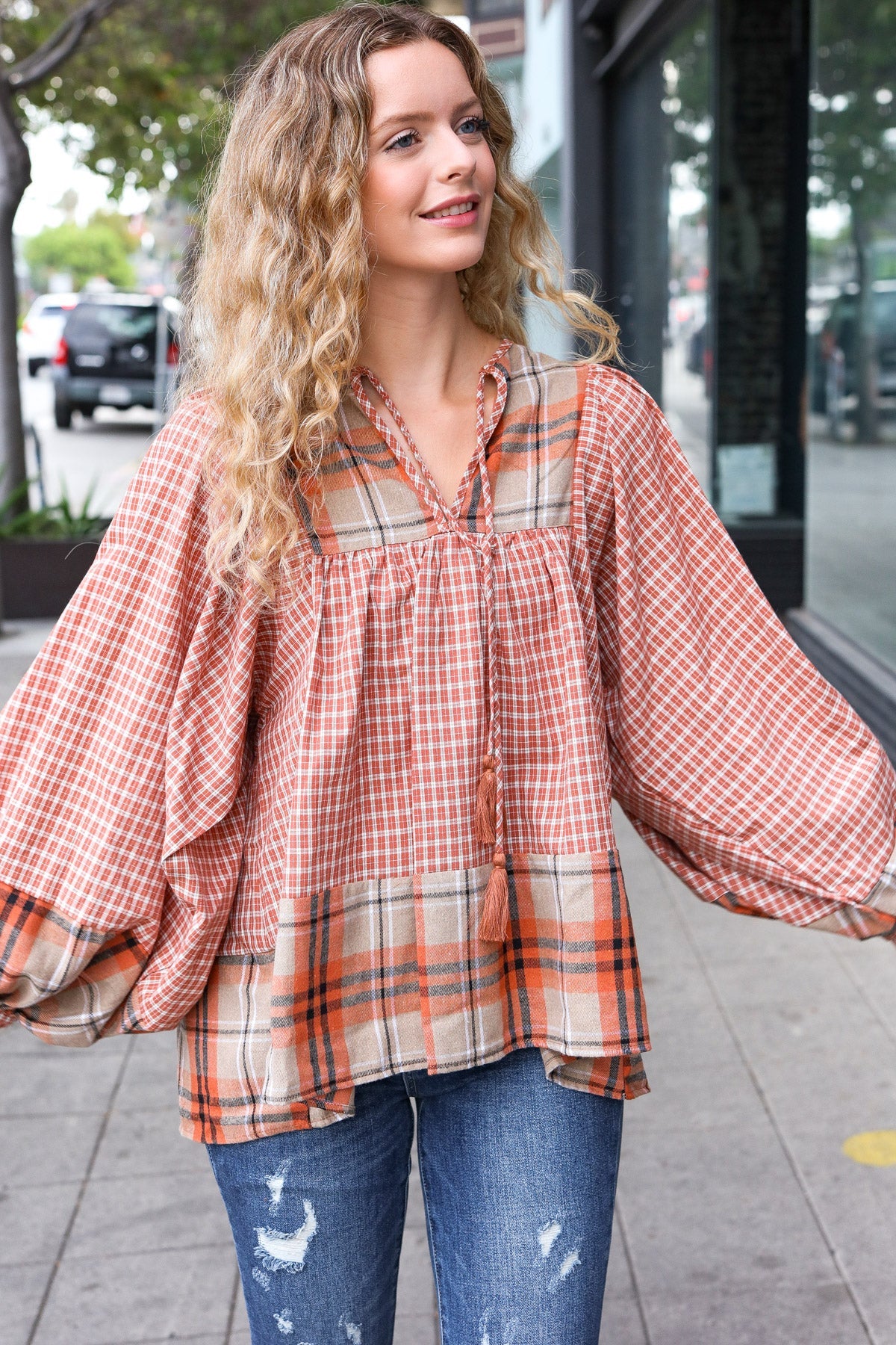 Haptics Rust Plaid Color Block Notch Neck Top