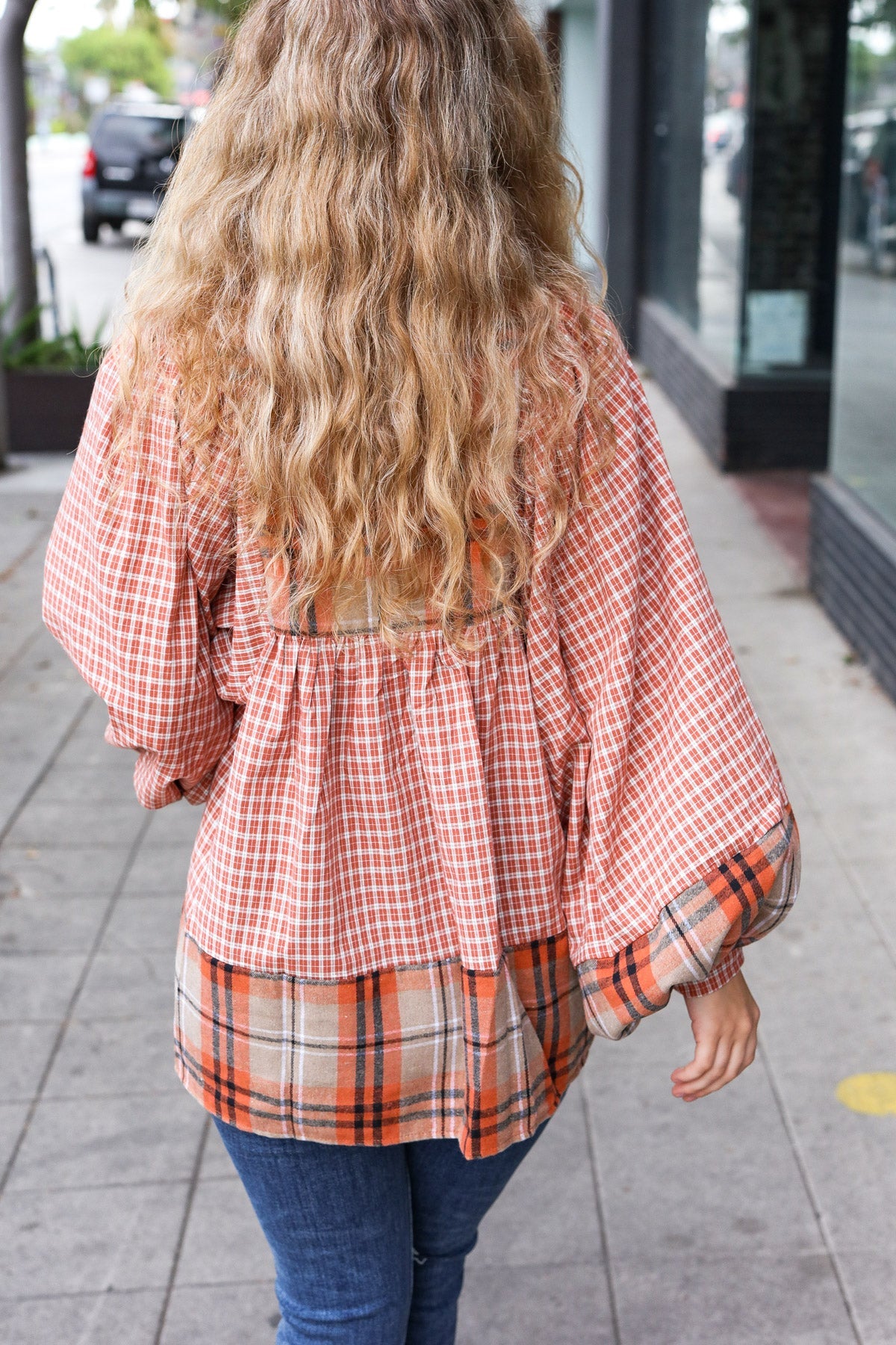 Haptics Rust Plaid Color Block Notch Neck Top