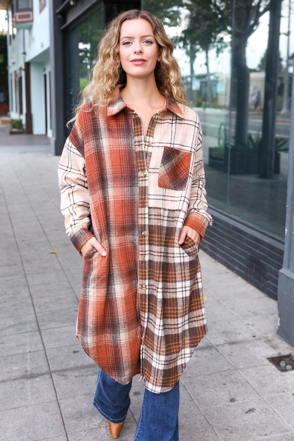 Haptics Rust & Taupe Color Block Plaid Longline Shacket