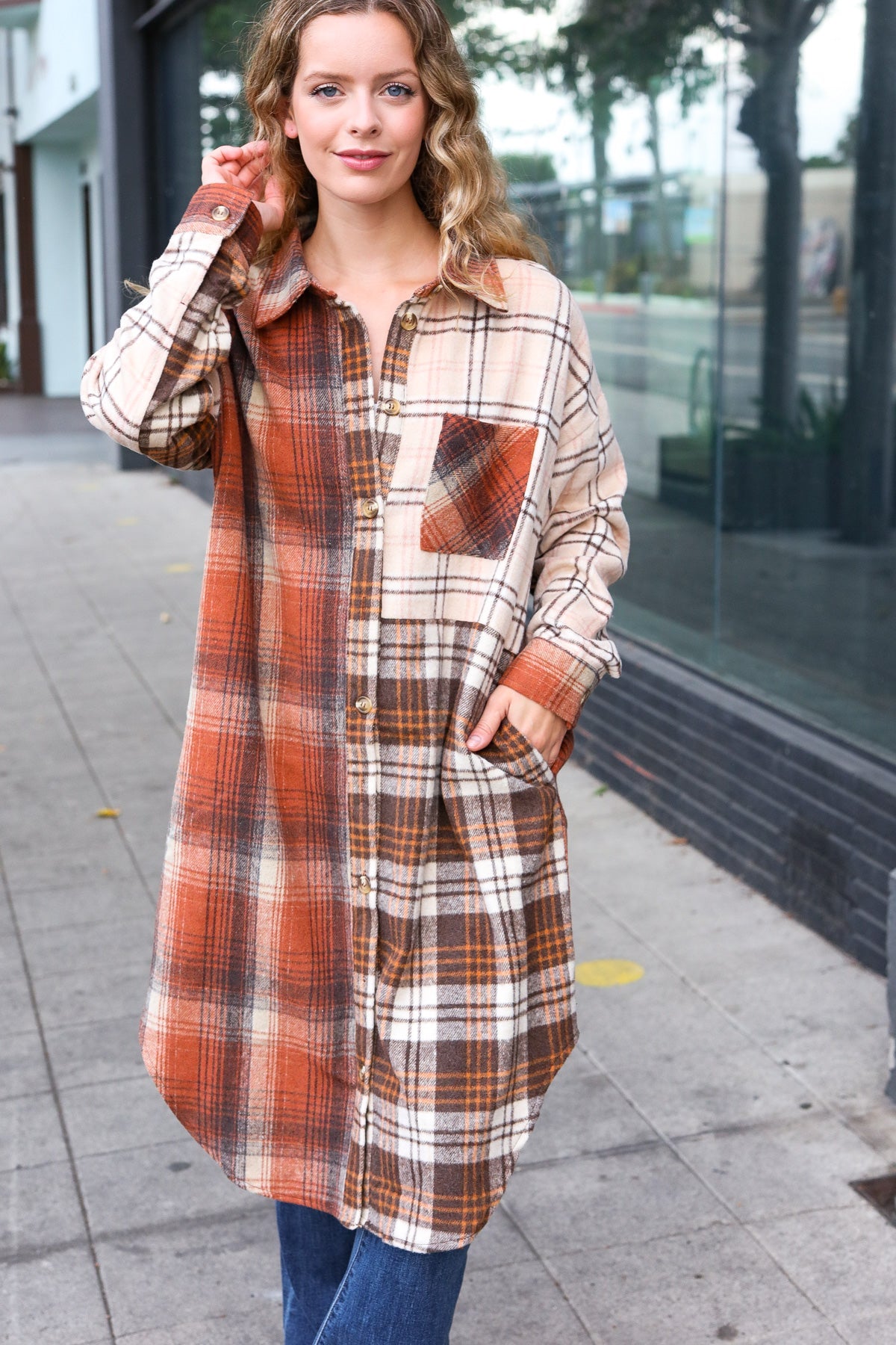 Haptics Rust & Taupe Color Block Plaid Longline Shacket