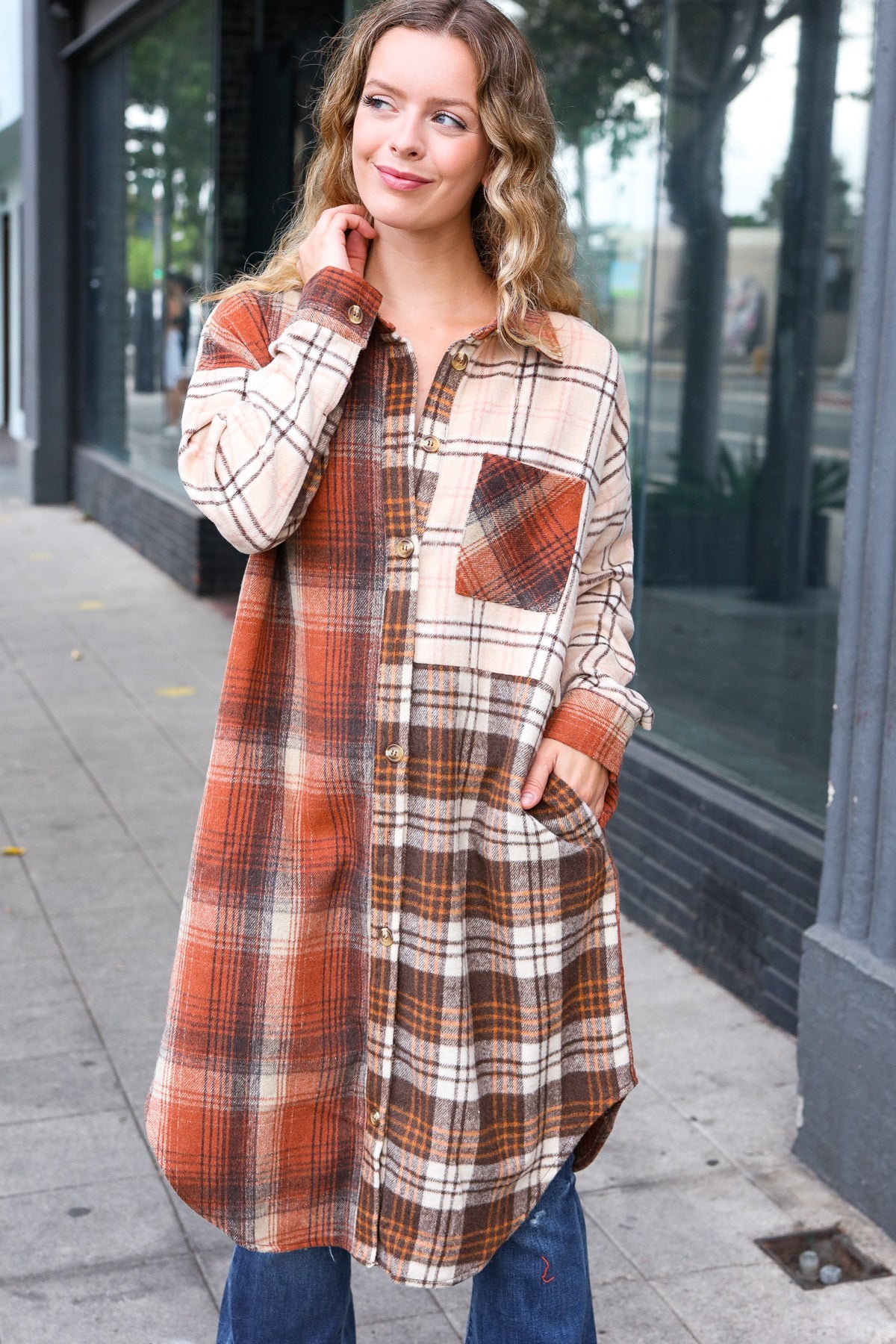 Haptics Rust & Taupe Color Block Plaid Longline Shacket