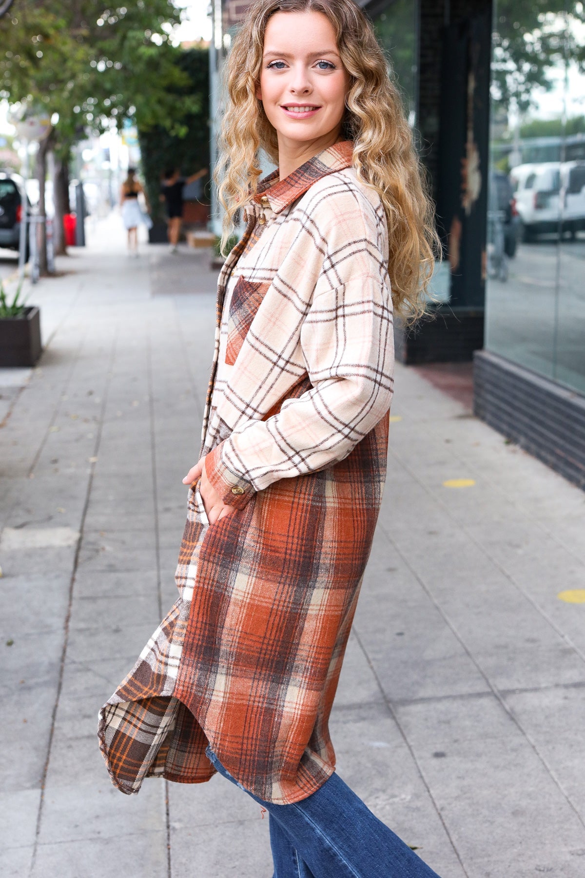 Haptics Rust & Taupe Color Block Plaid Longline Shacket