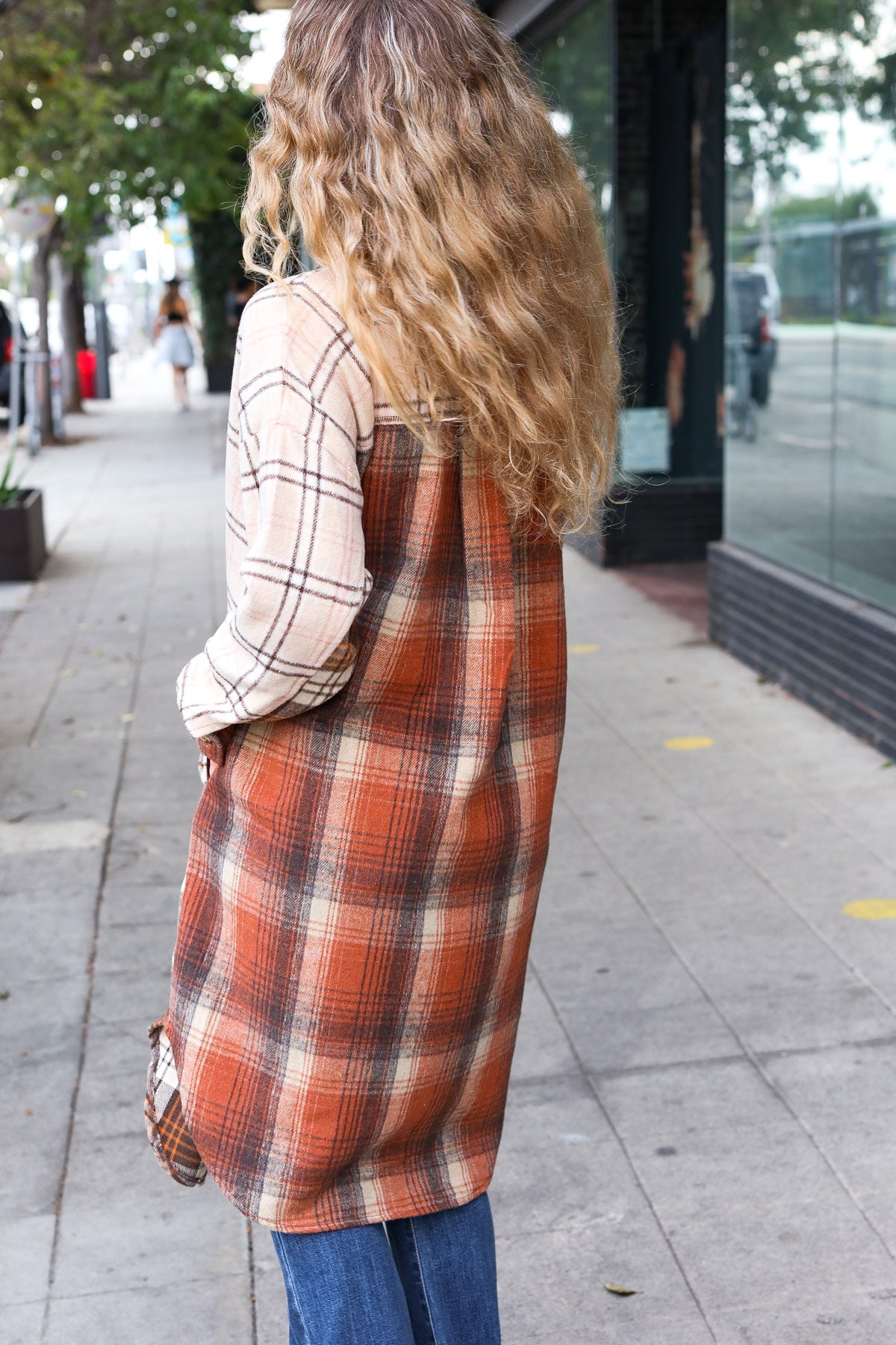 Haptics Rust & Taupe Color Block Plaid Longline Shacket