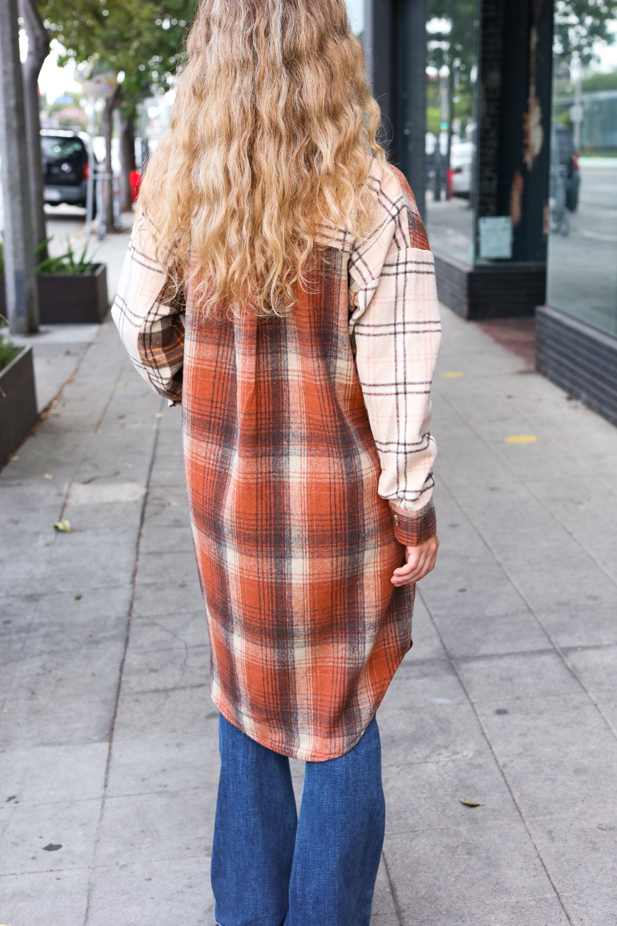 Haptics Rust & Taupe Color Block Plaid Longline Shacket