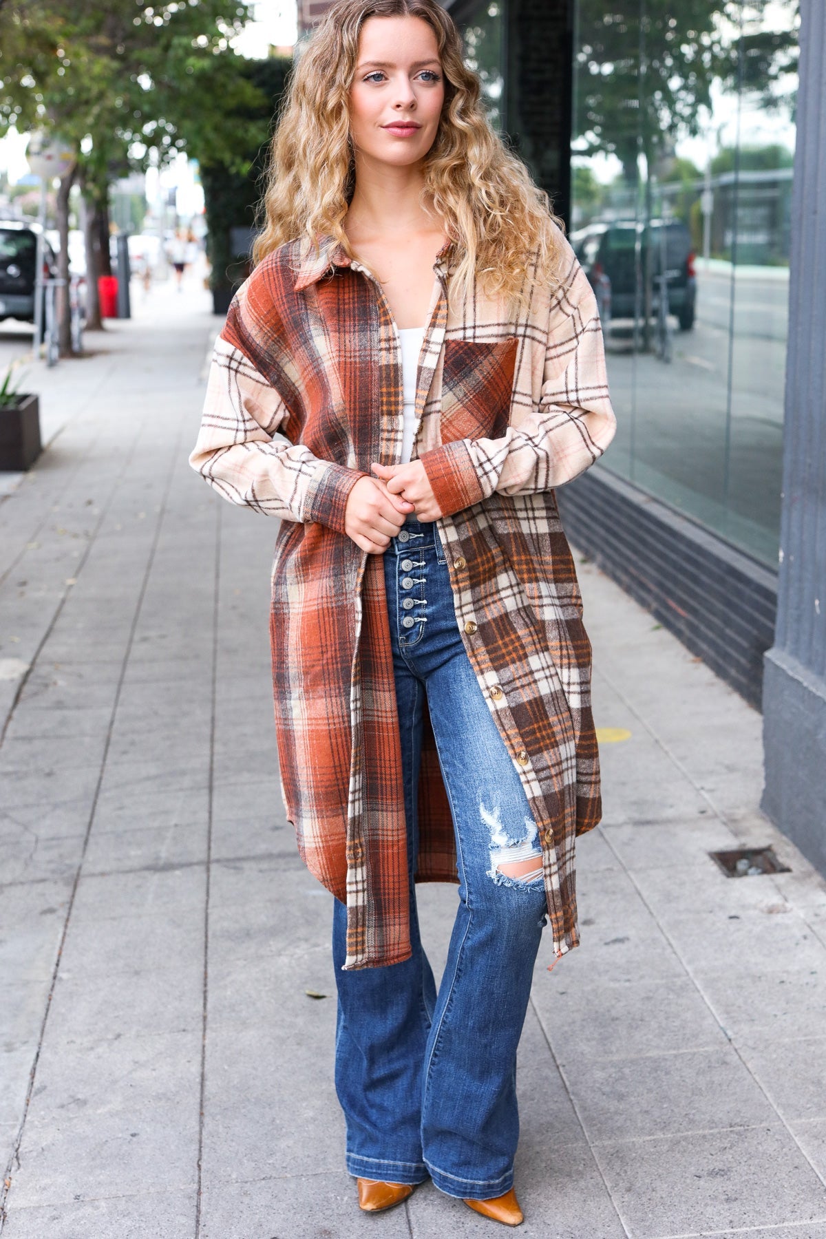 Haptics Rust & Taupe Color Block Plaid Longline Shacket