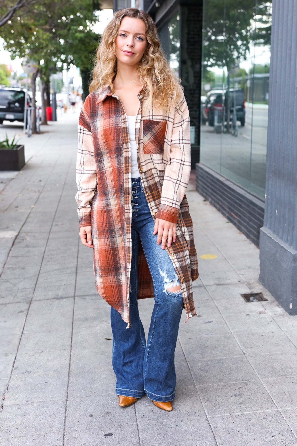 Haptics Rust & Taupe Color Block Plaid Longline Shacket