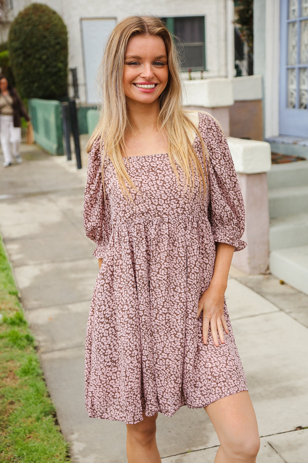 Taupe Floral Square Neck Tie Back Babydoll Dress