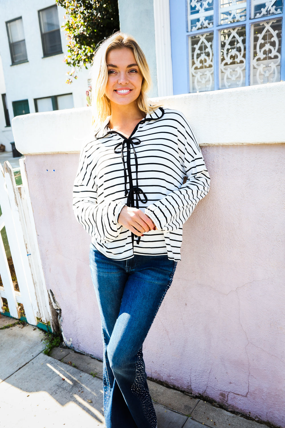 Black & White Collared Stripe Ribbon Bow Tie Top