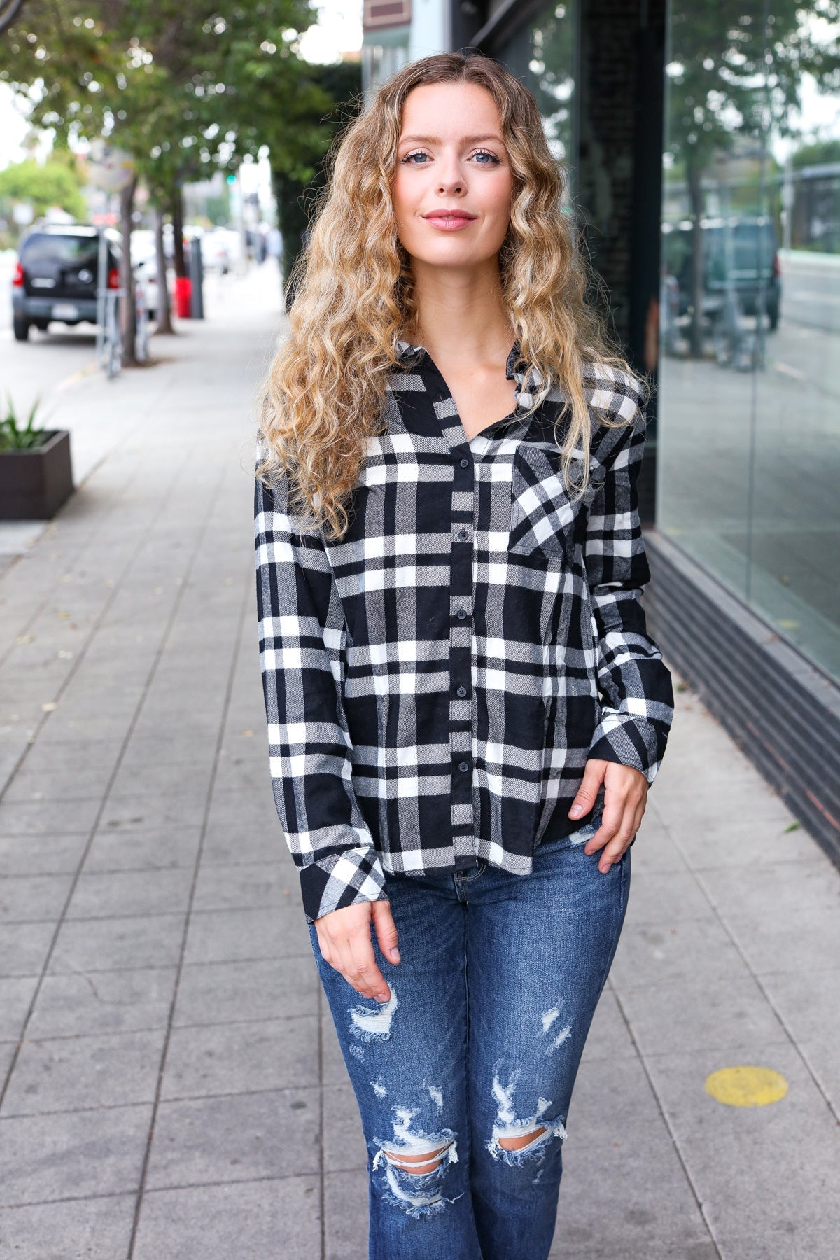 COMO VINTAGE Black Plaid Button Down Long Sleeve Top