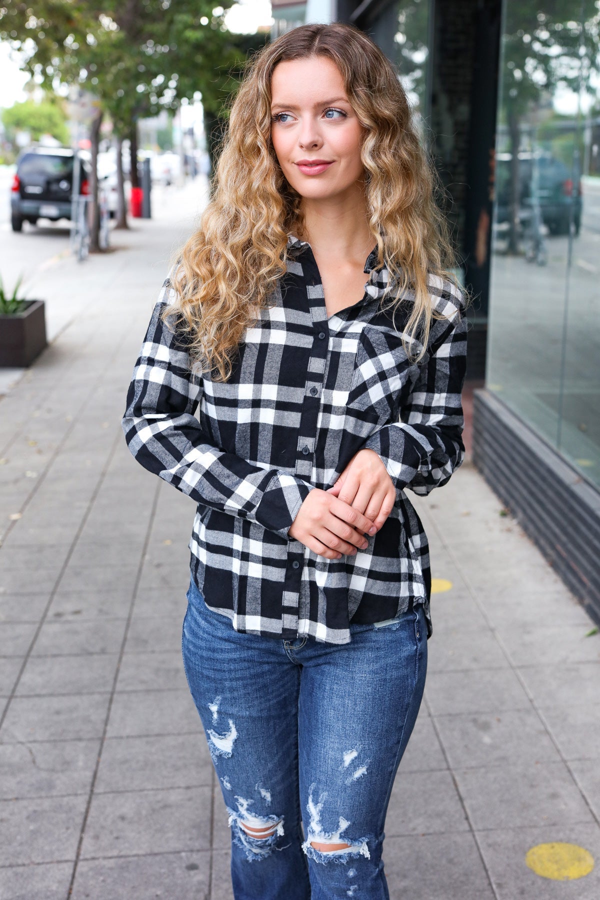 COMO VINTAGE Black Plaid Button Down Long Sleeve Top