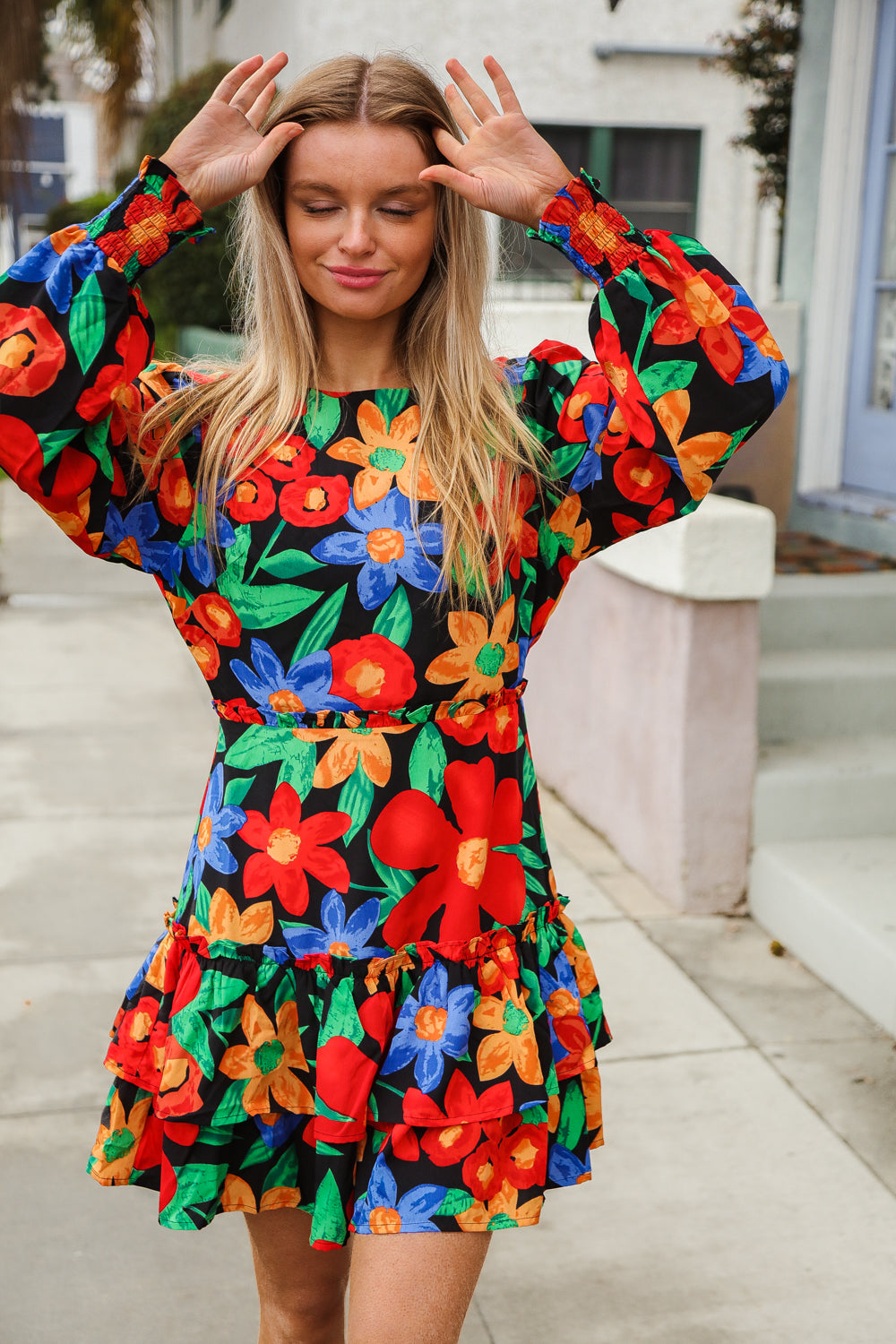 Multicolor Big Floral Ruffle Frill Lined Dress