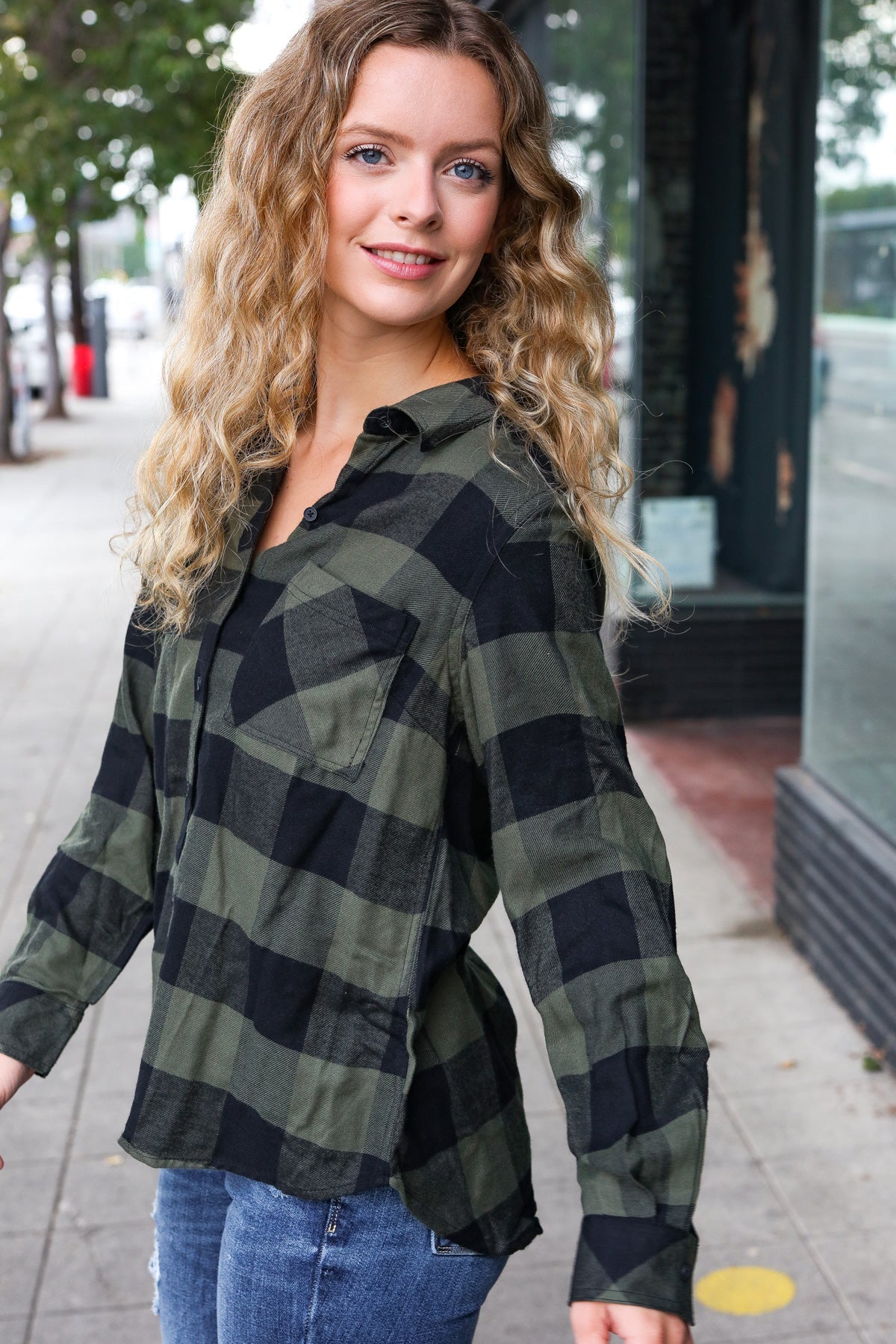 COMO VINTAGE Army Green Plaid Button Down Long Sleeve Top