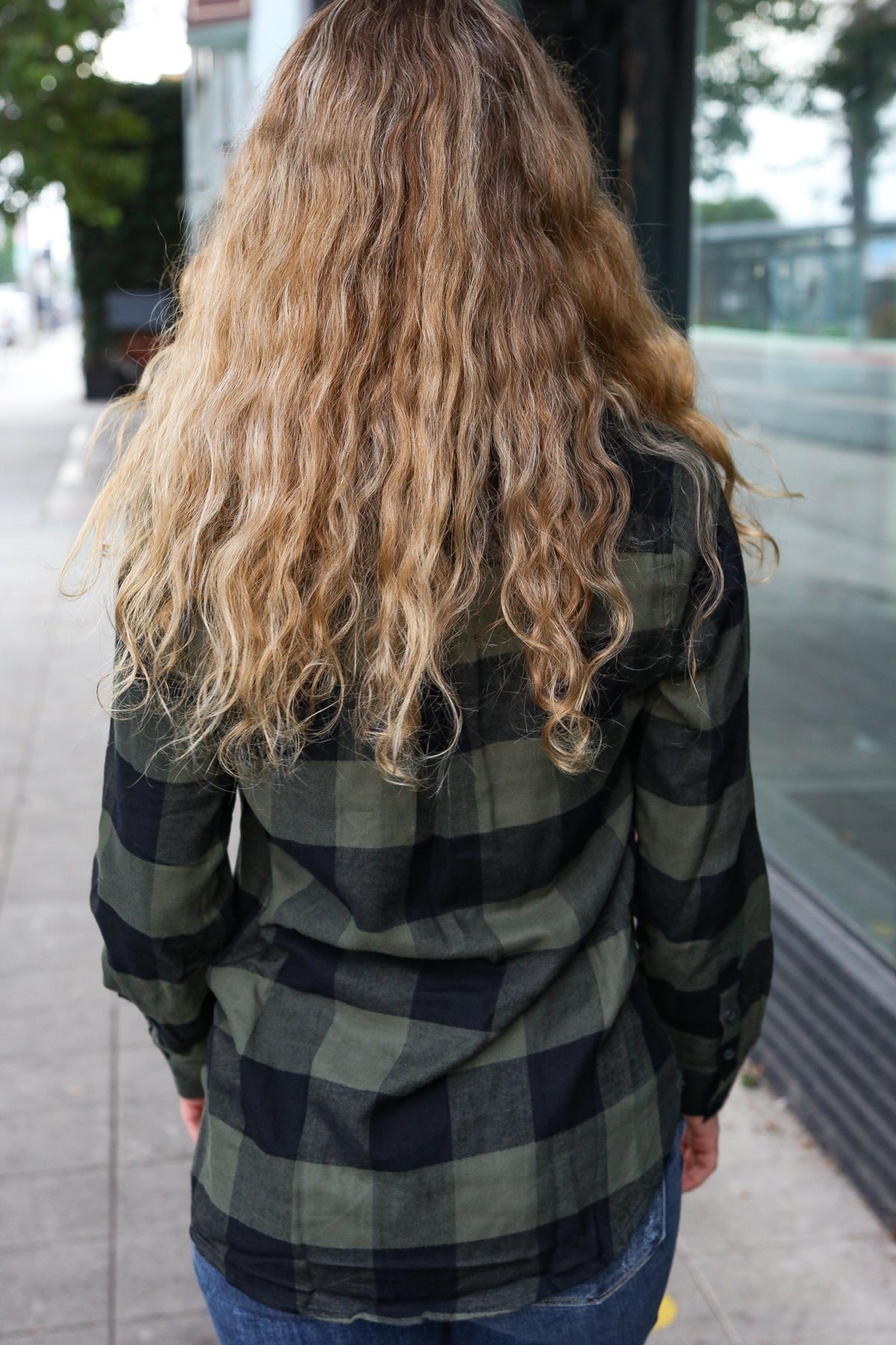 COMO VINTAGE Army Green Plaid Button Down Long Sleeve Top