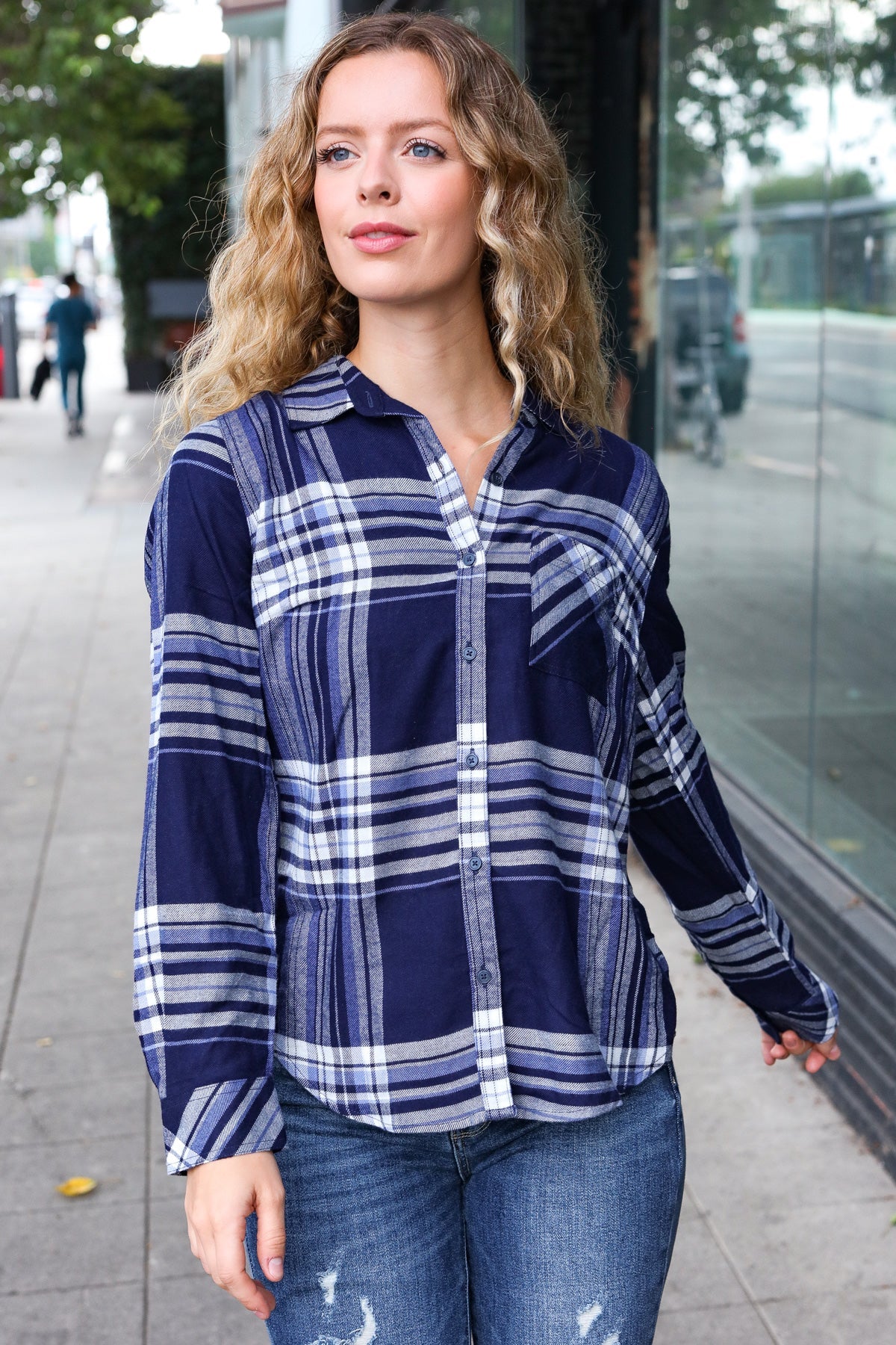 COMO VINTAGE Blue Plaid Button Down Long Sleeve Top