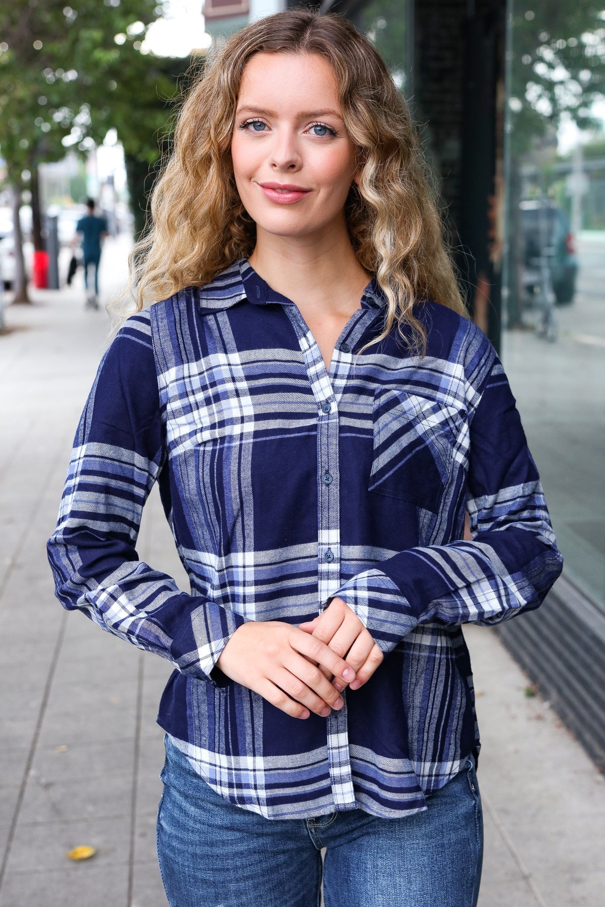 COMO VINTAGE Blue Plaid Button Down Long Sleeve Top