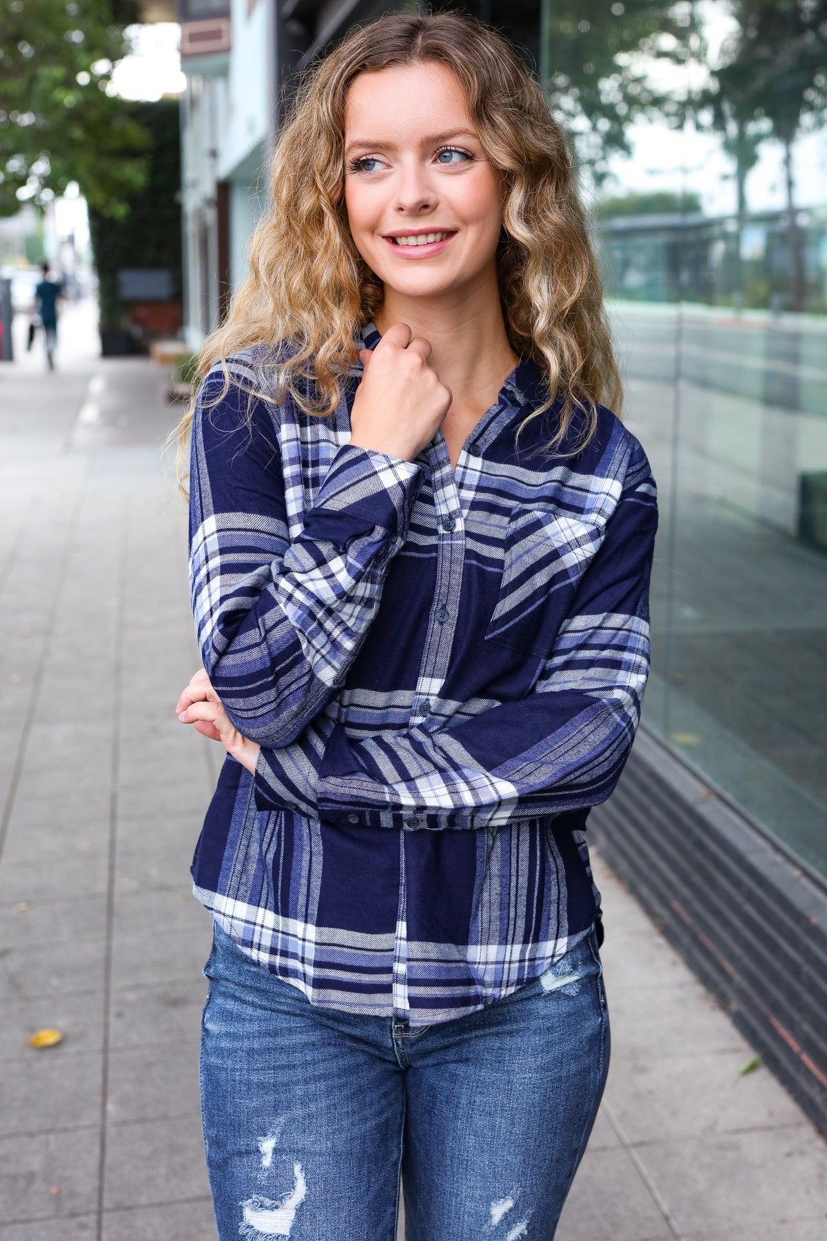 COMO VINTAGE Blue Plaid Button Down Long Sleeve Top