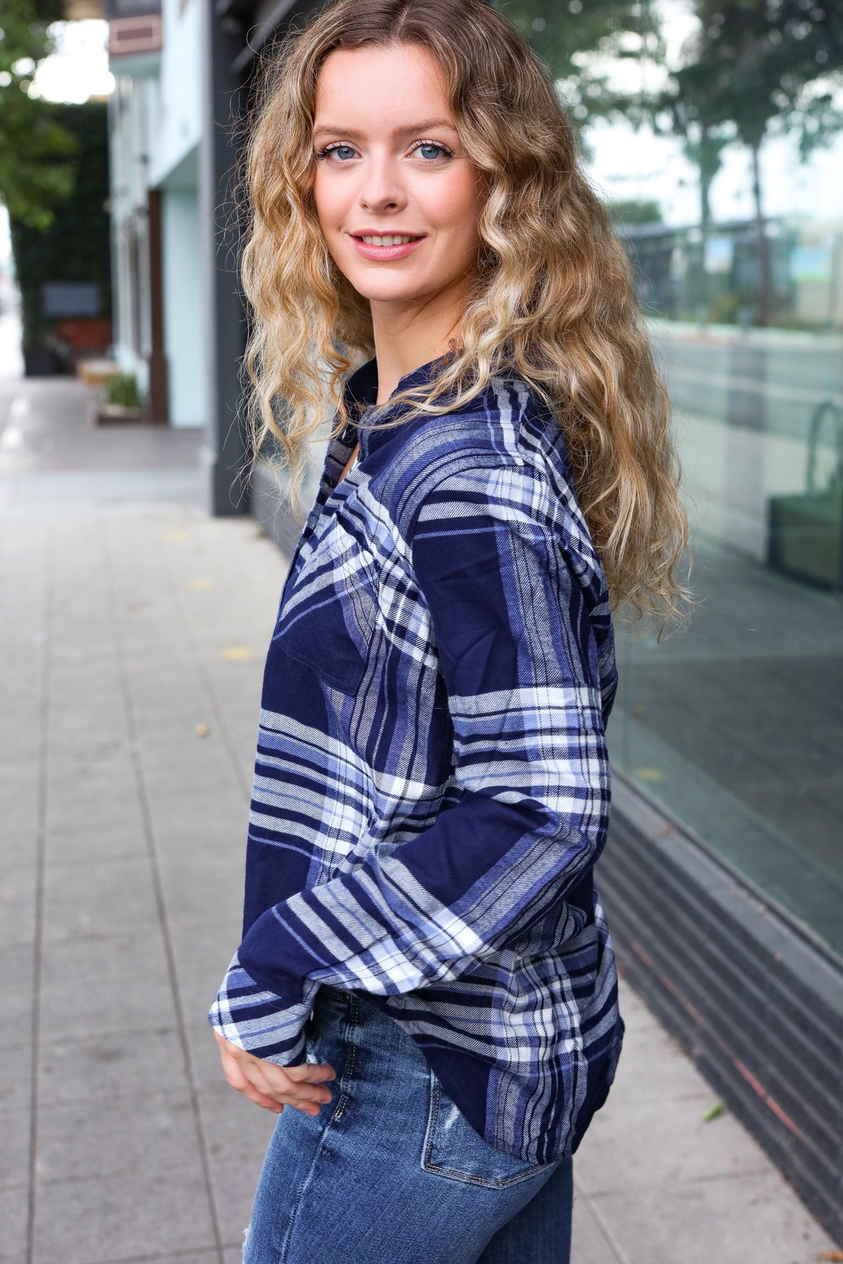 COMO VINTAGE Blue Plaid Button Down Long Sleeve Top