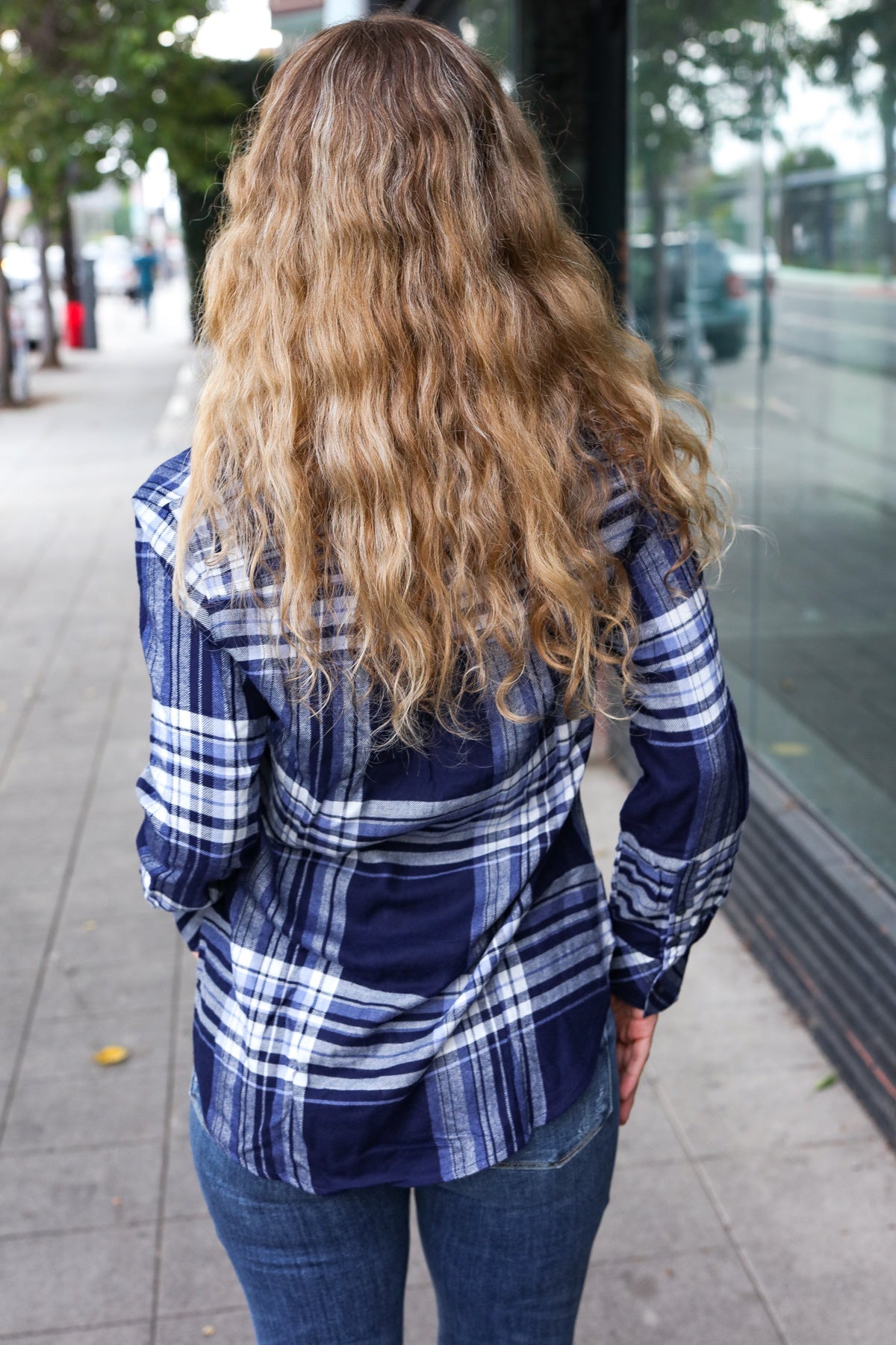 COMO VINTAGE Blue Plaid Button Down Long Sleeve Top