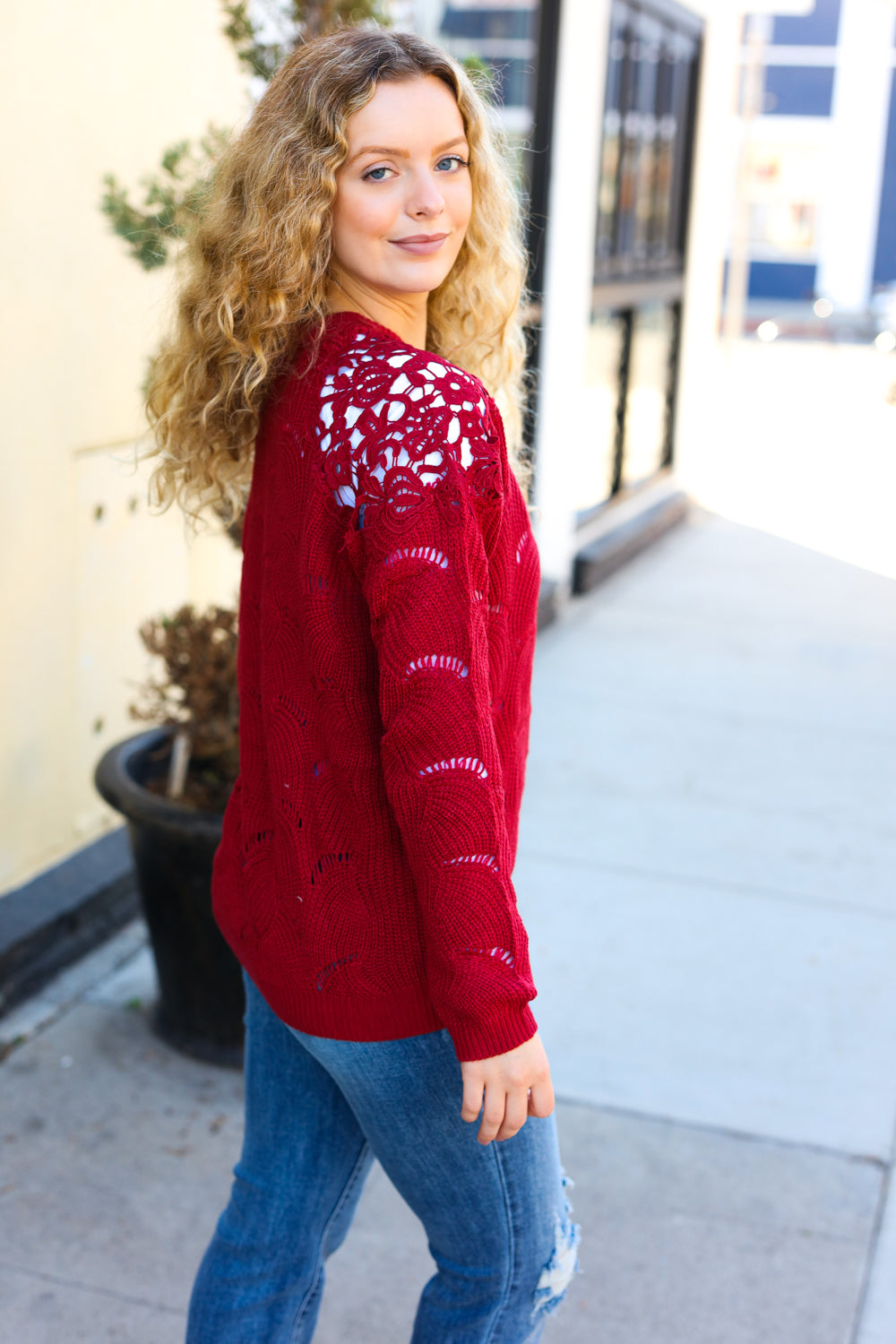 BiBi Burgundy Pointelle Lace Shoulder Knit Sweater