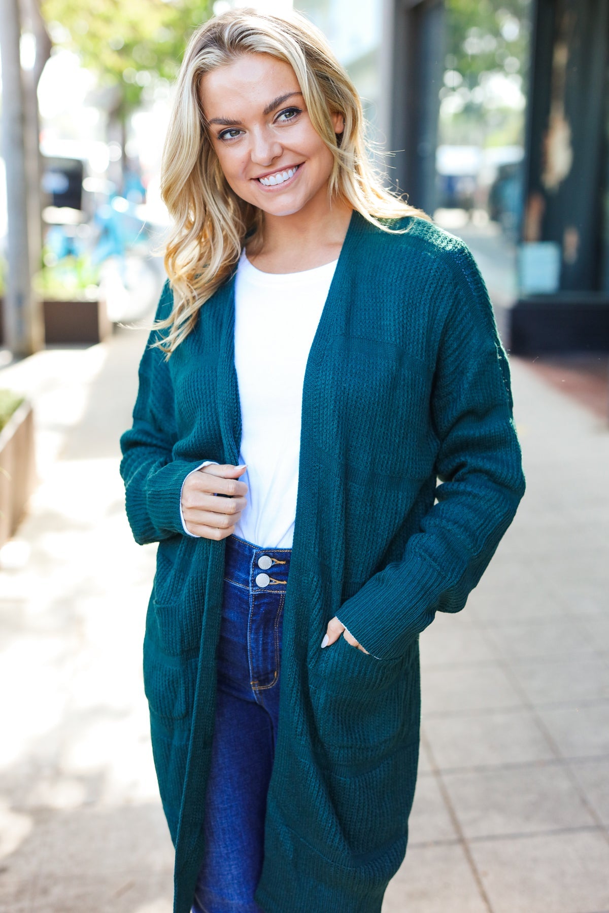 Haptics Hunter Green Striped Knit Open Cardigan