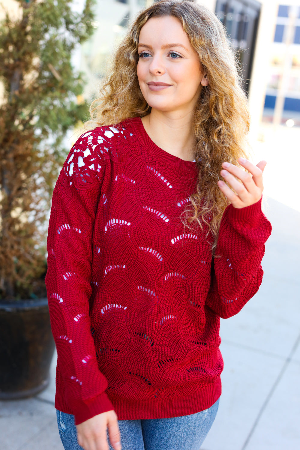 BiBi Burgundy Pointelle Lace Shoulder Knit Sweater