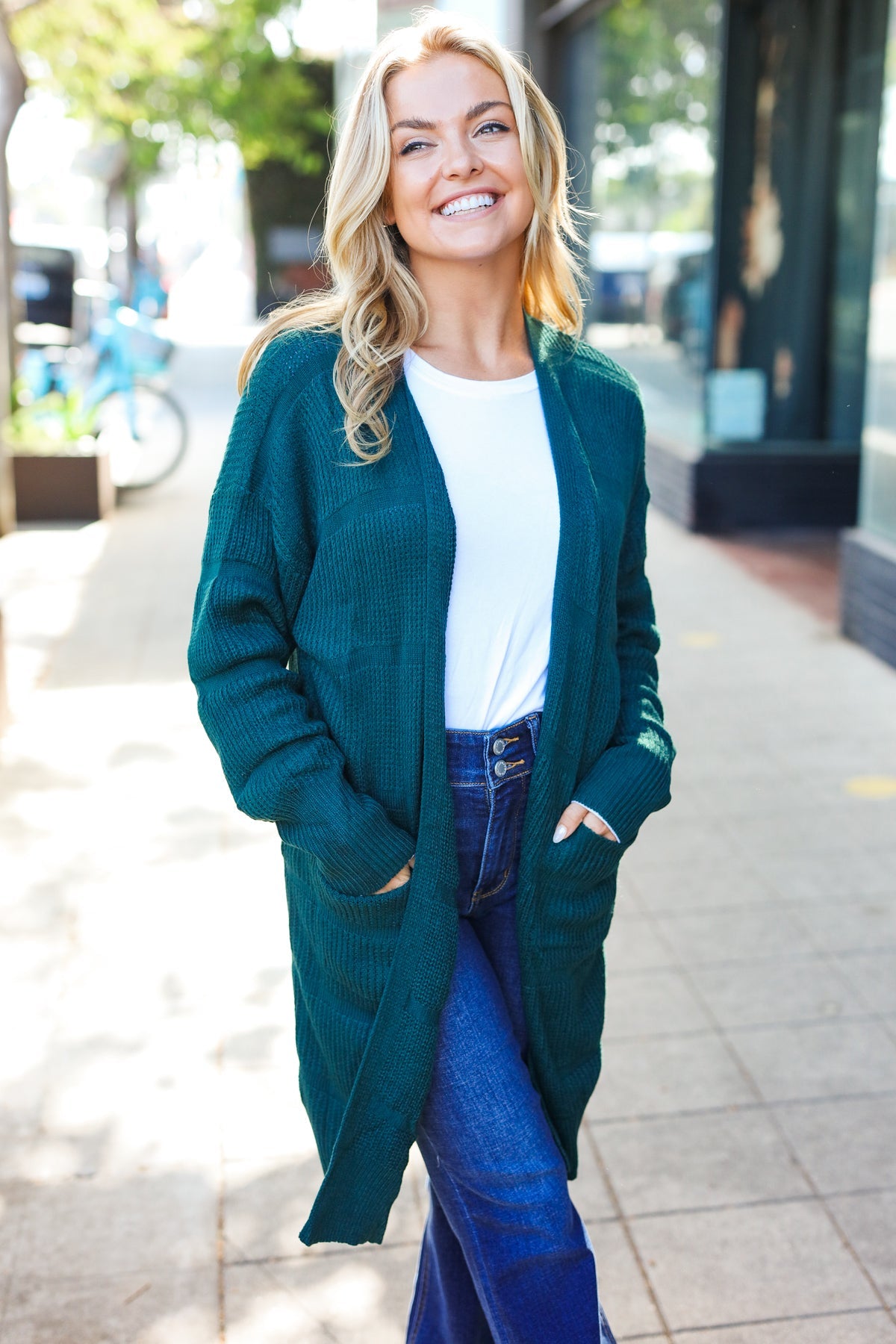 Haptics Hunter Green Striped Knit Open Cardigan