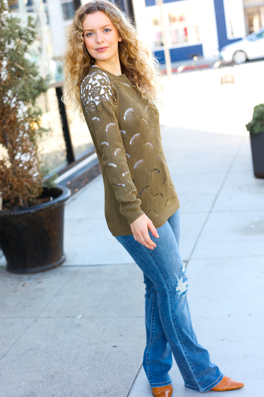 BiBi Olive Pointelle Lace Shoulder Knit Sweater